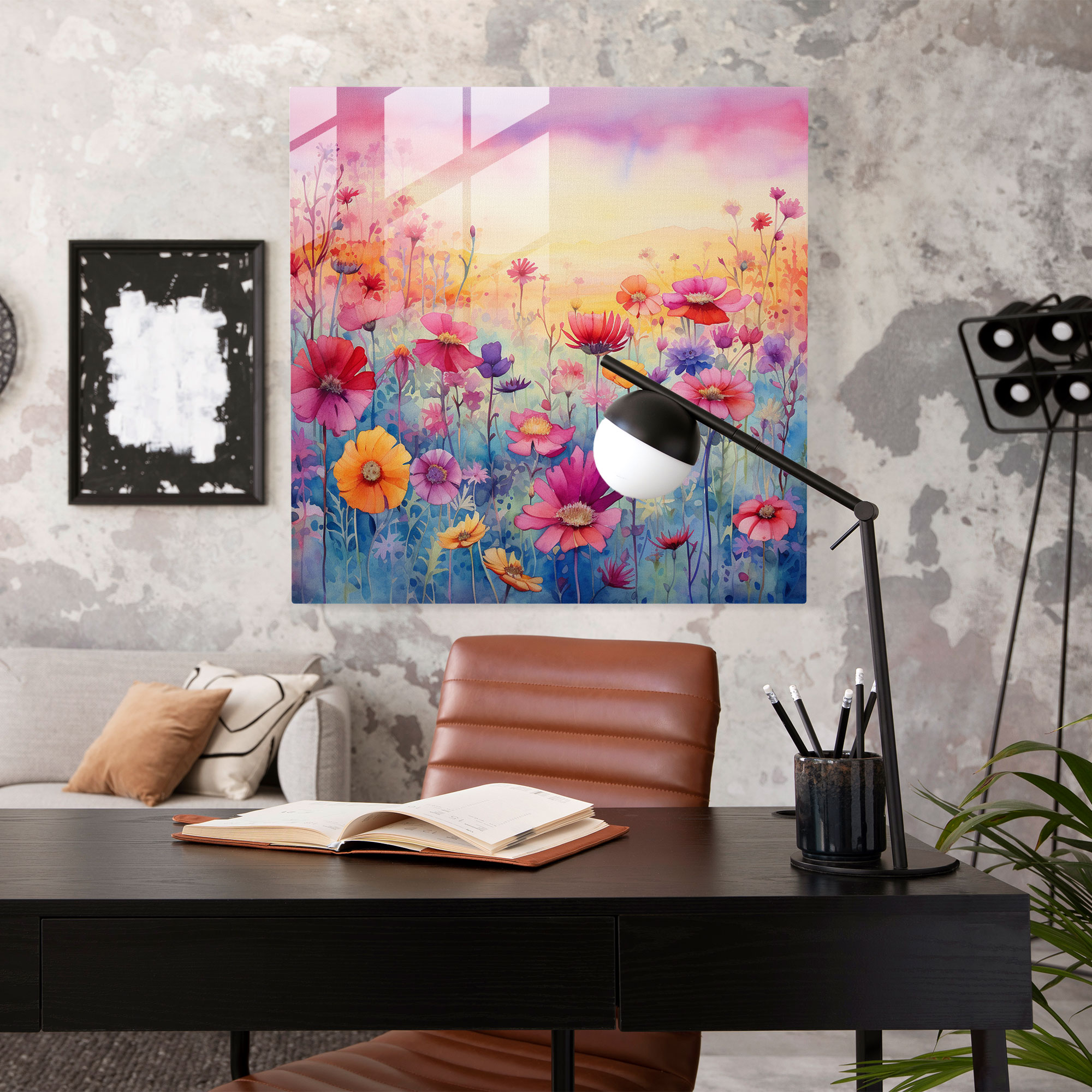 Bohem Tarzı Su Boyası Çiçek Alanı Cam Tablo - Modern Sanat Bohem Tarzı