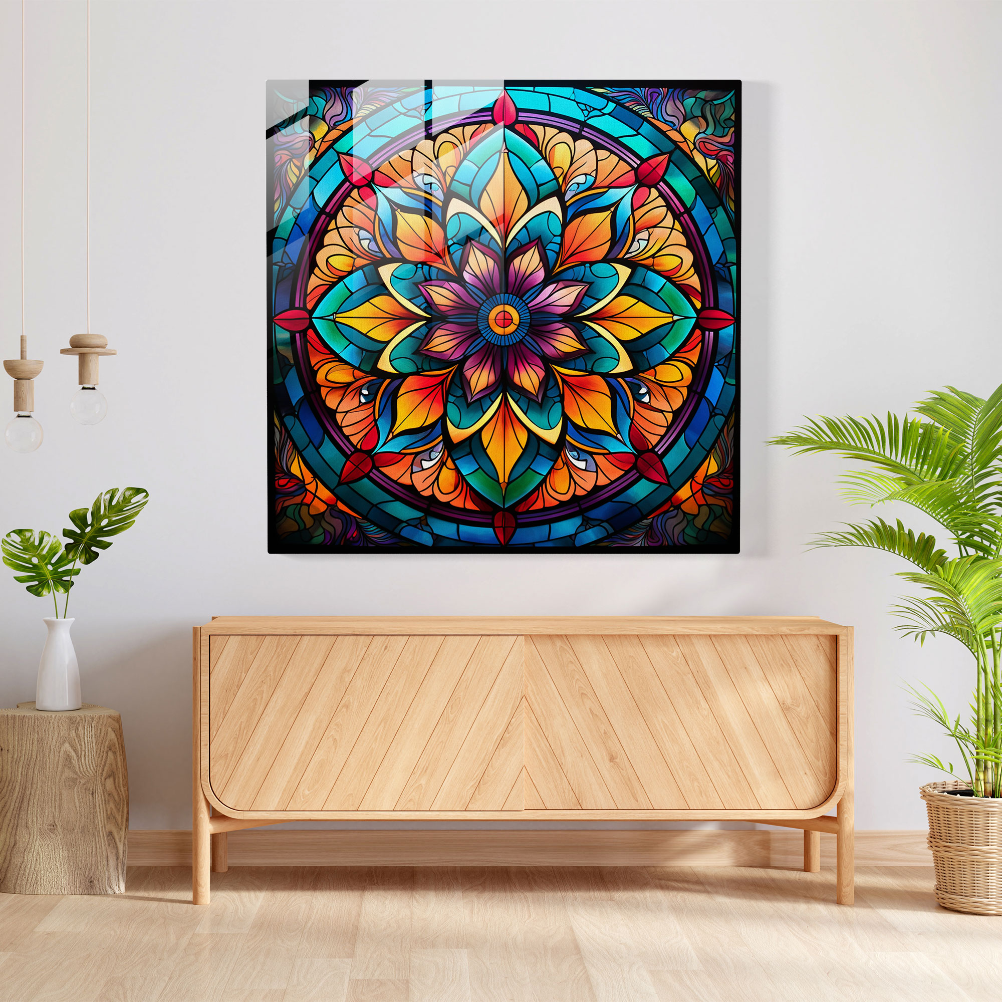 Bohem Tarzı Mandala Cam Tablo - Bohem Tarzı Modern Sanat Duvar Dekorasyonu Renkli Cam Pencere