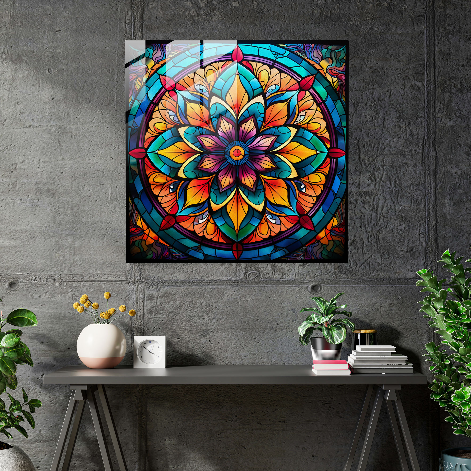 Bohem Tarzı Mandala Cam Tablo - Bohem Tarzı Modern Sanat Duvar Dekorasyonu Renkli Cam Pencere