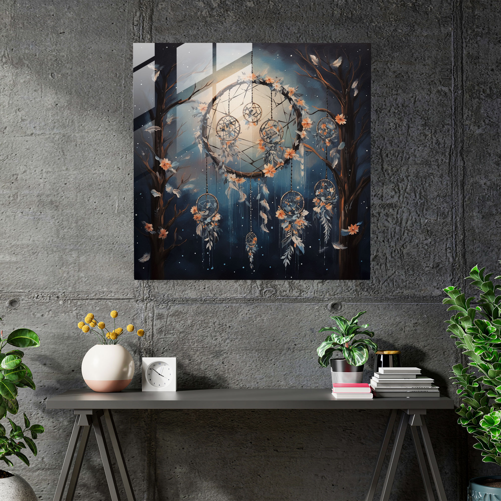 Bohemian Dreamcatcher Moonlit Night Glass Print - Bohemian, Glass Print, Home Decoration, Bohemian