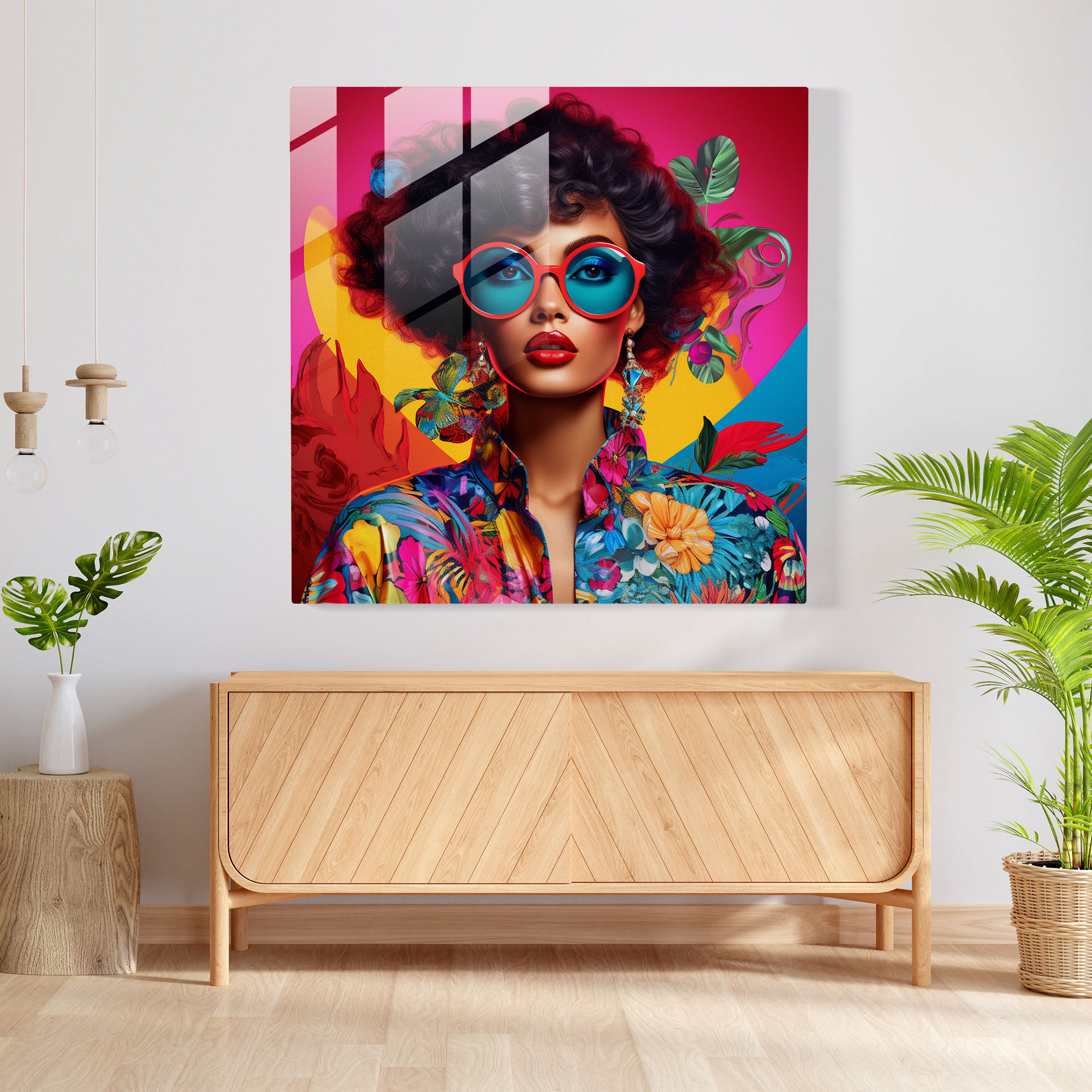 Bohem Tarz Pop Sanat Kadın Cam Tablo - Bohem Tarz Pop Sanat Cam Tablo Karışık Aksesuarlar