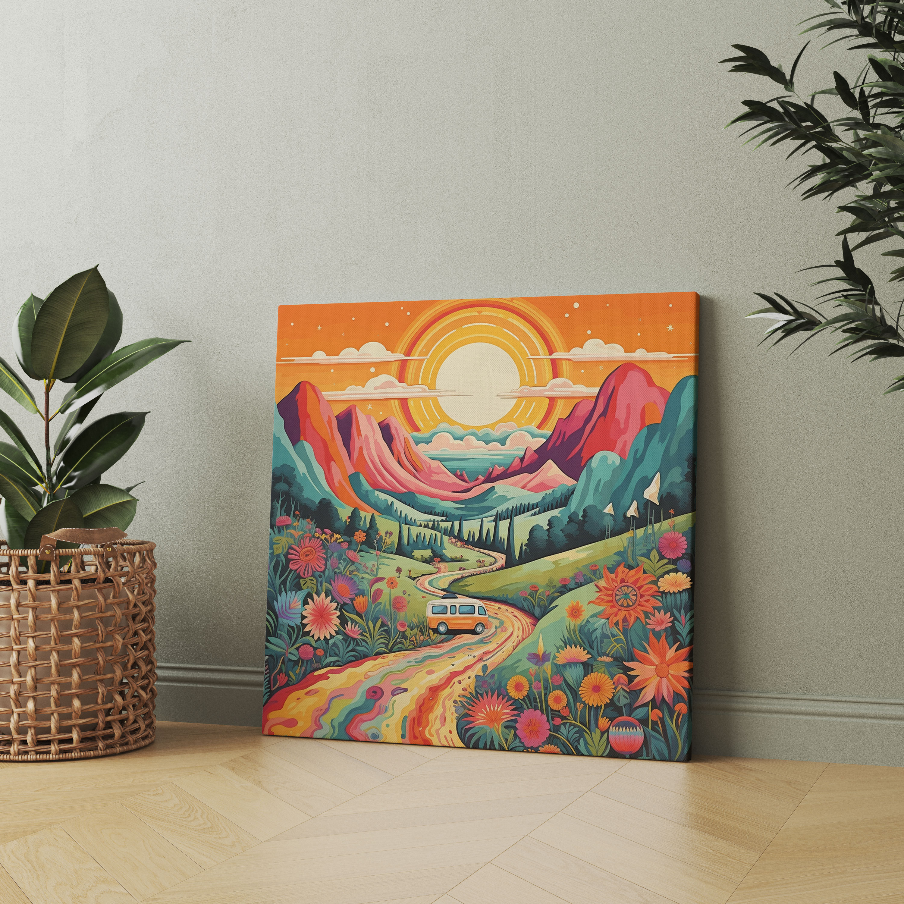 Posterdruck eines Vintage Bohemian Wohnwagens - Böhmisches farbenfrohes Landschaftsbild Wohnkultur