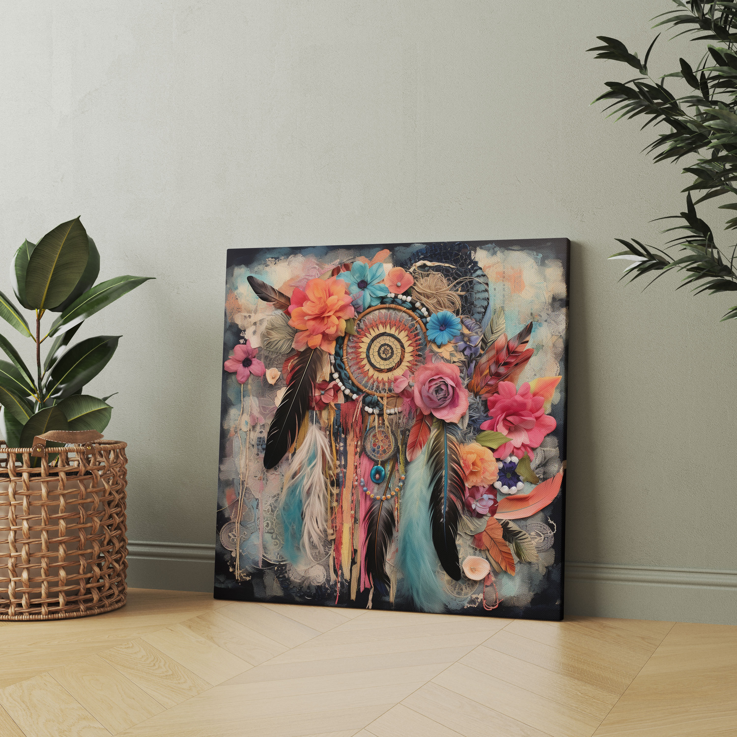 Bohemian Dreamcatcher Collage Canvas Print - Bohemian, Bohemian, Colorful Fabrics, Wall Decoration