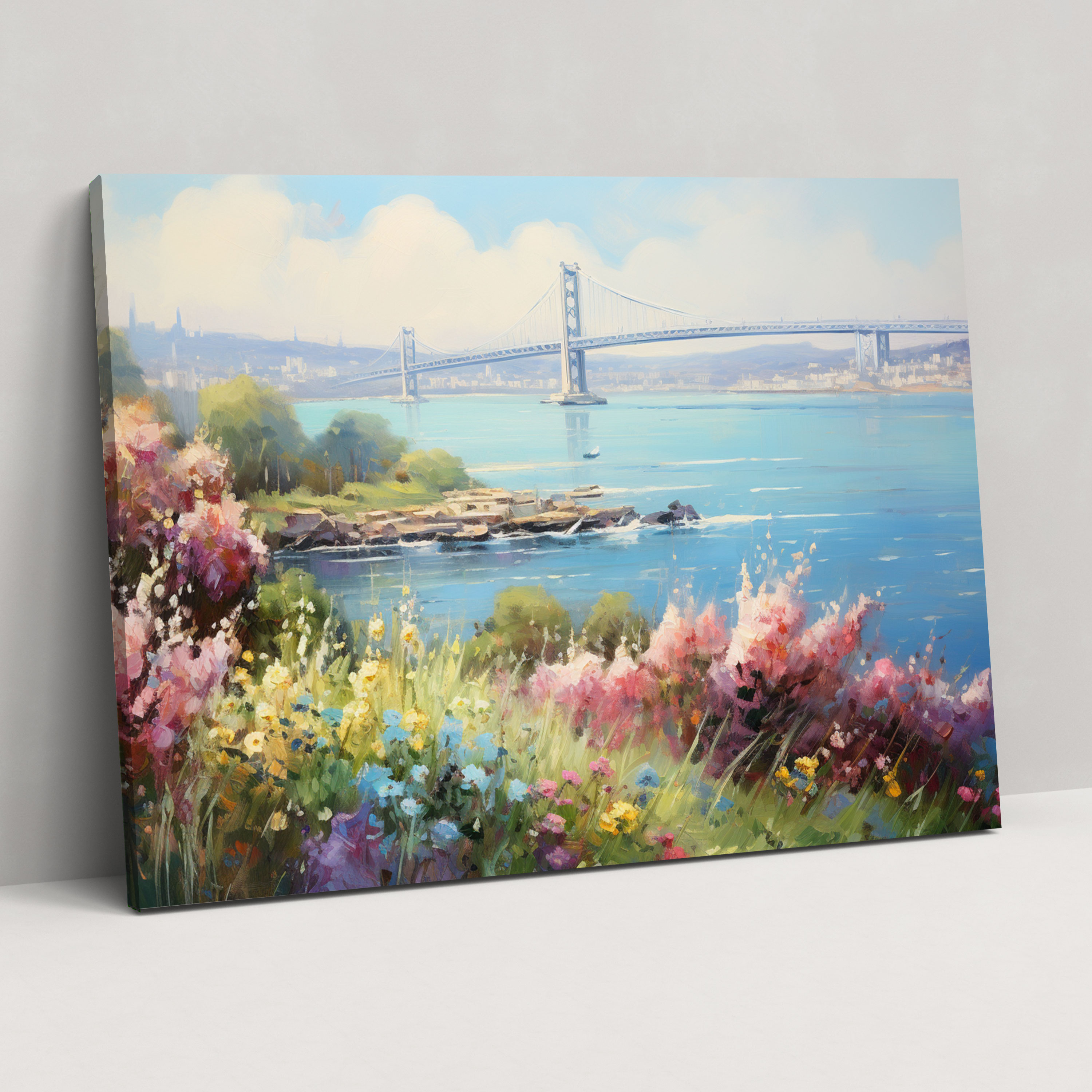 Bosphorus Bridge Wall Decoration - Bosphorus Bridge, Impressionist Oil Painting, Colorful Flowers, Canvas Wall Art