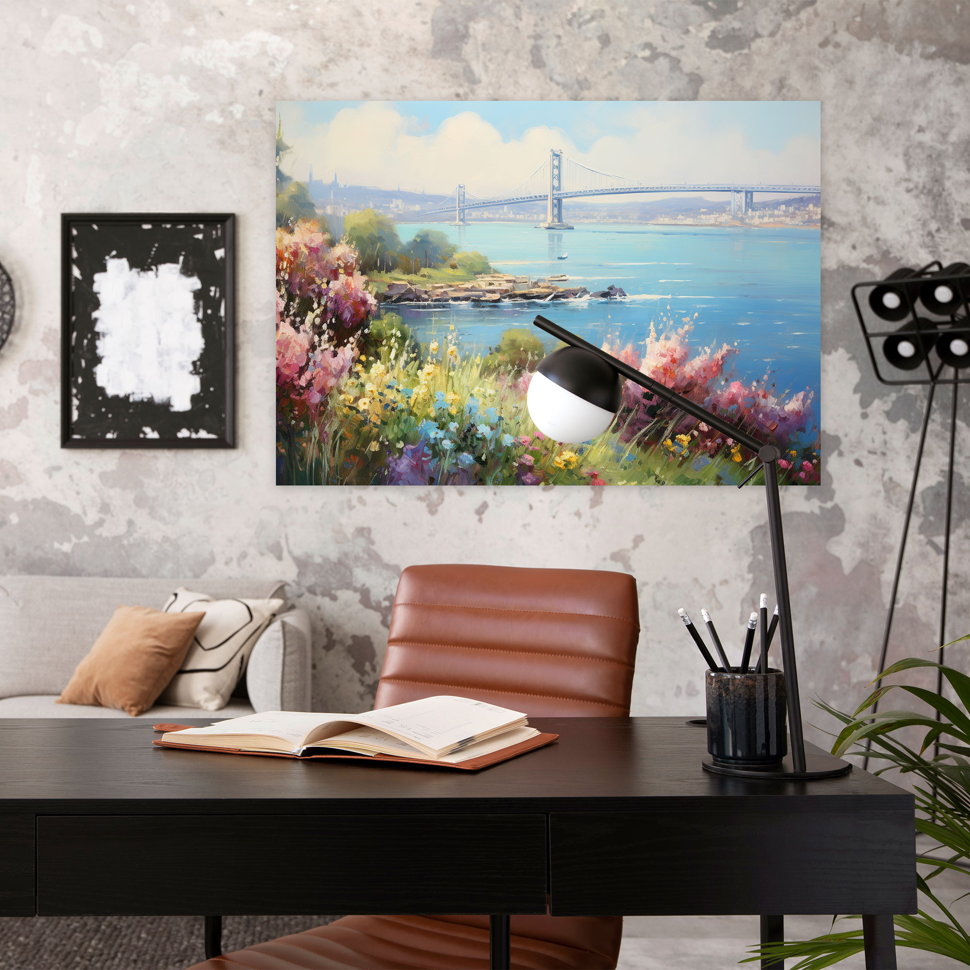 Bosphorus Bridge Wall Decoration - Bosphorus Bridge, Impressionist Oil Painting, Colorful Flowers, Canvas Wall Art