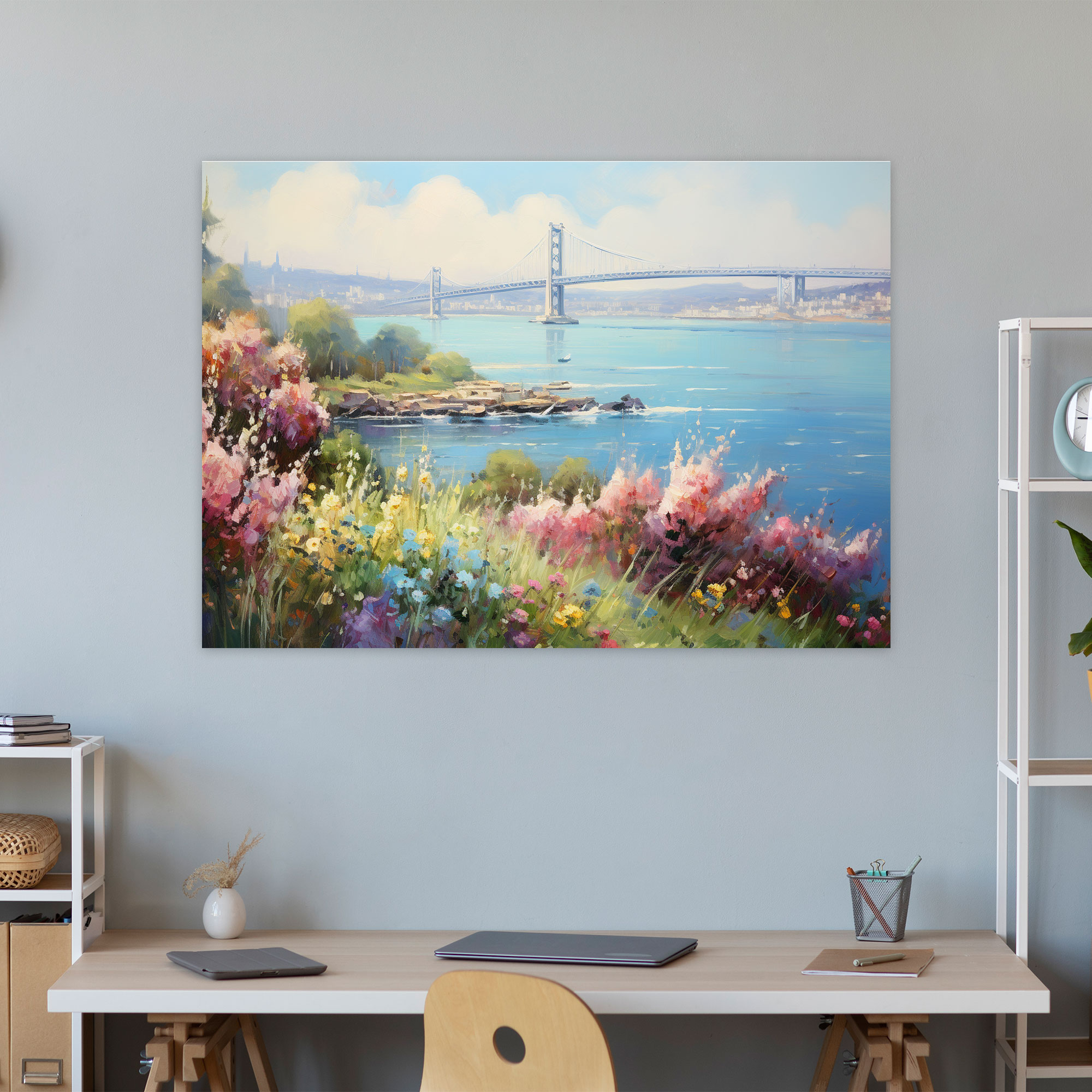 Bosphorus Bridge Wall Decoration - Bosphorus Bridge, Impressionist Oil Painting, Colorful Flowers, Canvas Wall Art