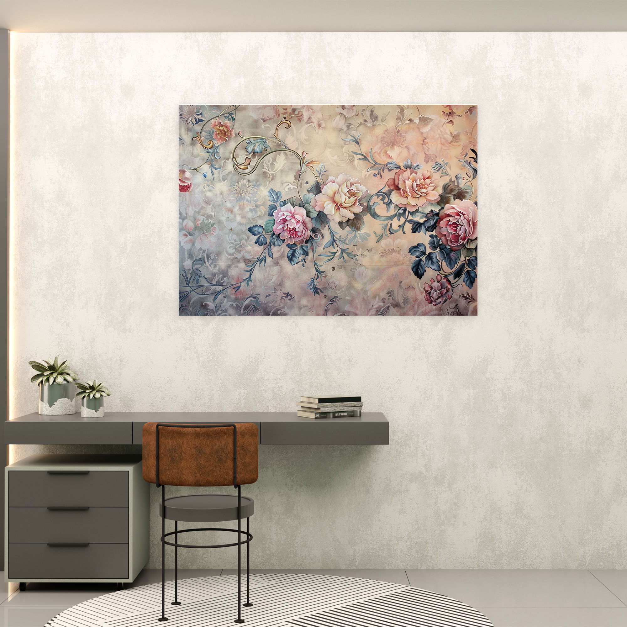 Barok Çiçek Desenli Pastel Kanvas Tablo - Barok Tarz Pastel Tonlar Ev Dekorasyonu