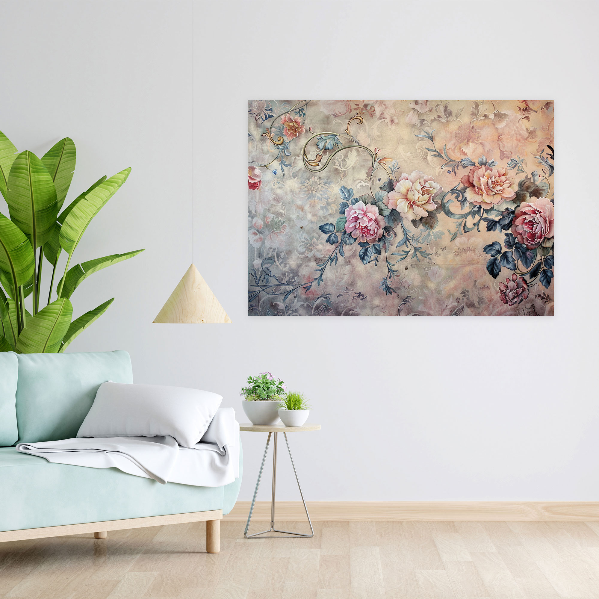 Barok Çiçek Desenli Pastel Kanvas Tablo - Barok Tarz Pastel Tonlar Ev Dekorasyonu