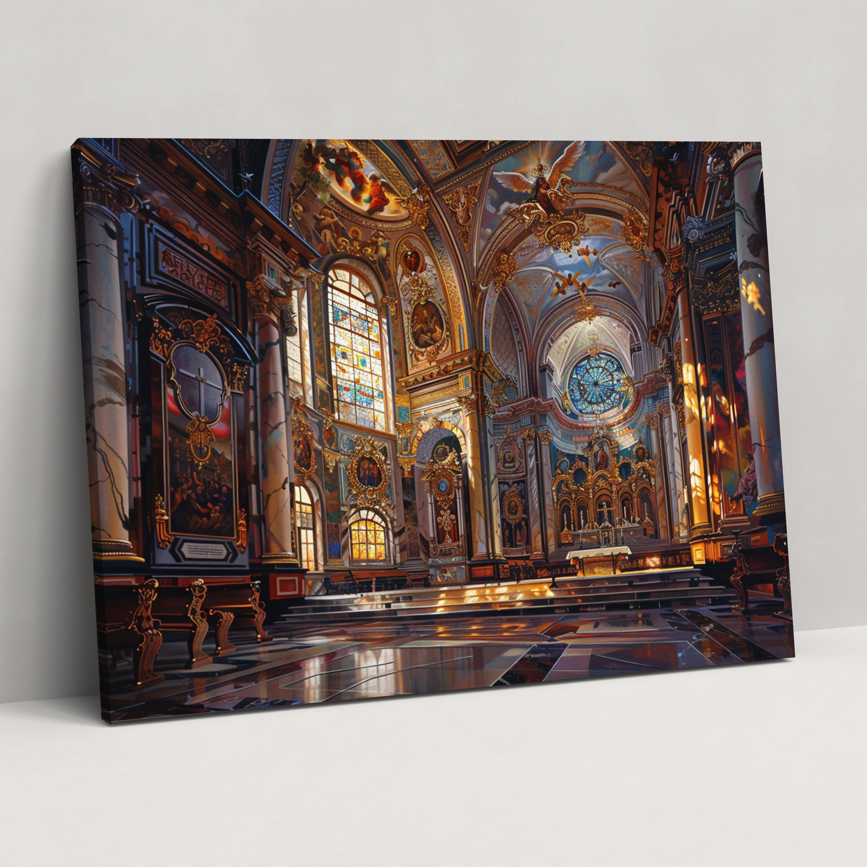 Barok Tarzı Kilise İç Mekan Tablo Baskı - Barok Vitray Pencereler Kilise İç Mekan Kanvas Tablo