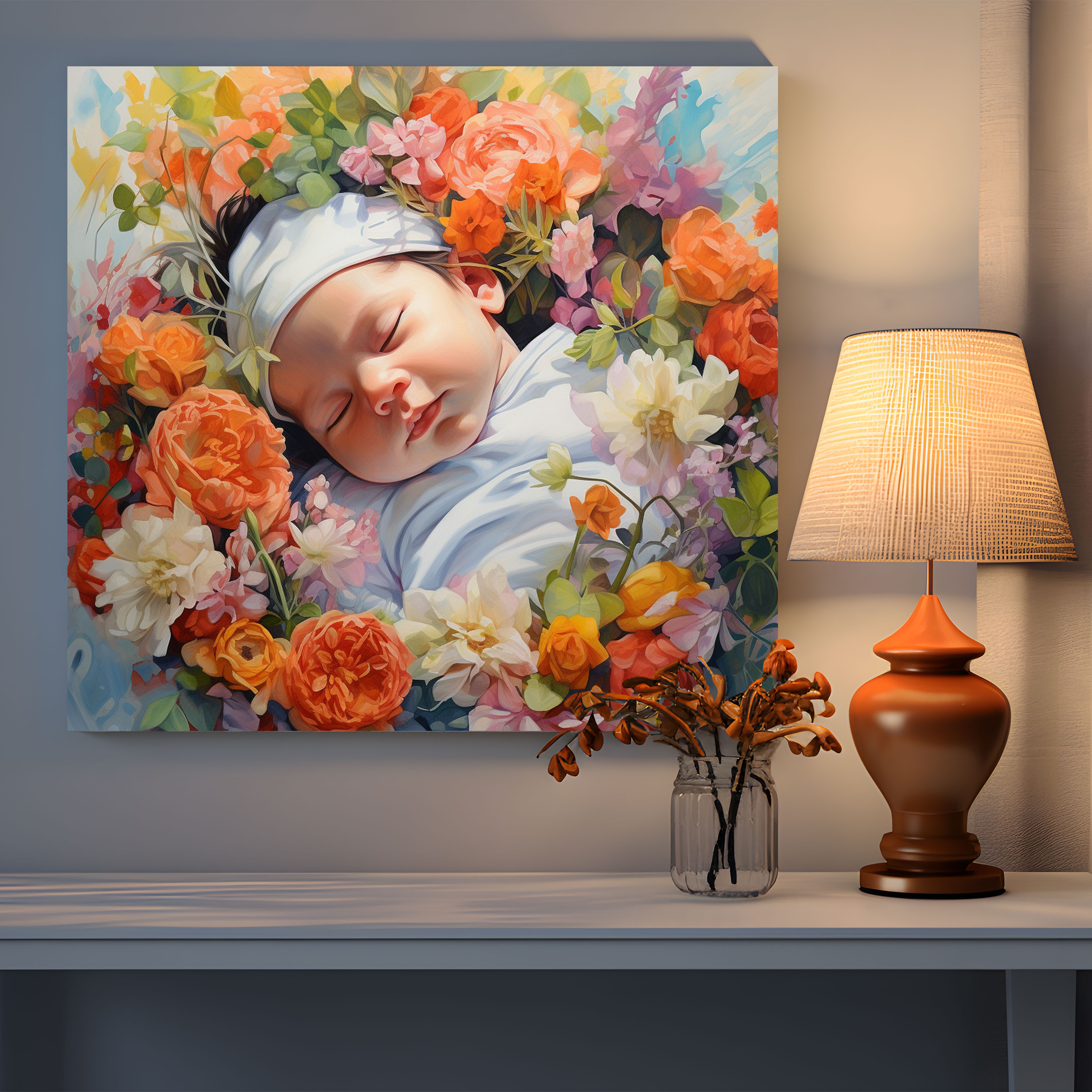 Born Canvas Print - Newborn Baby In Blooming Flowers - Born, Newborn, Canvas Print, Watercolor Painting
