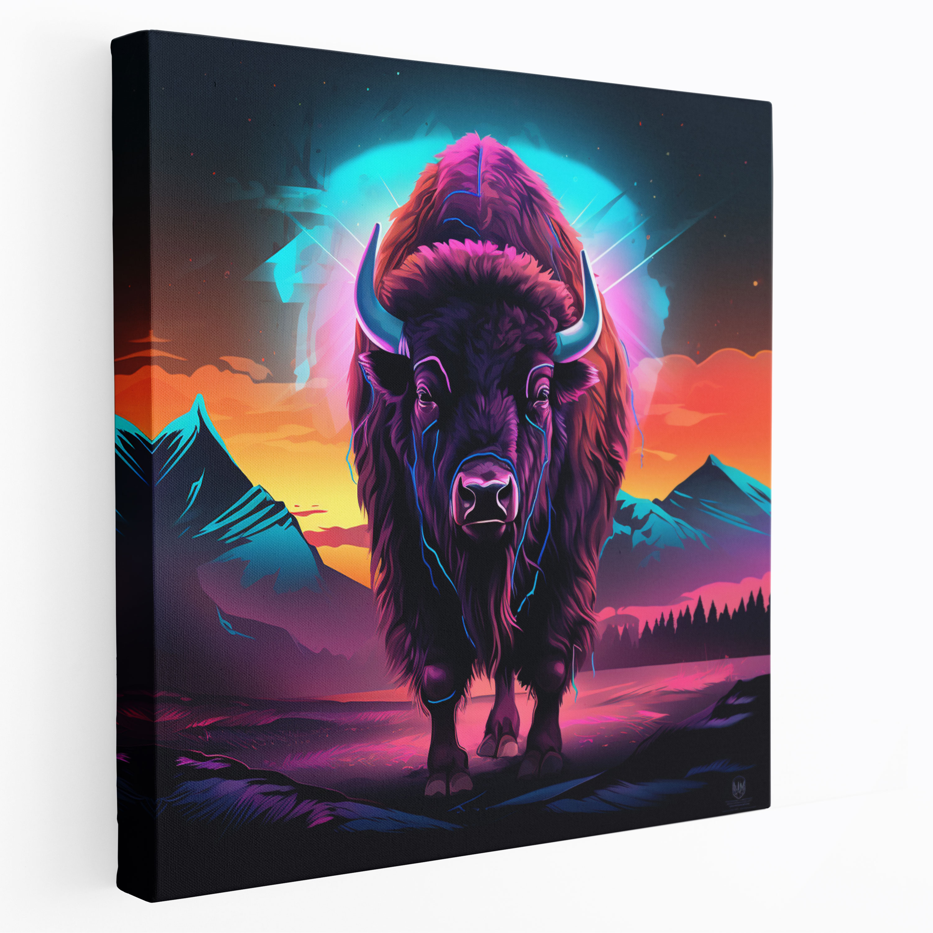 Buffalo Duvar Dekorasyonu - Dijital Sanat Kanvas Tablo - Büyükbaş Hayvan Yaratıcılık Kanvas Neon Manzara
