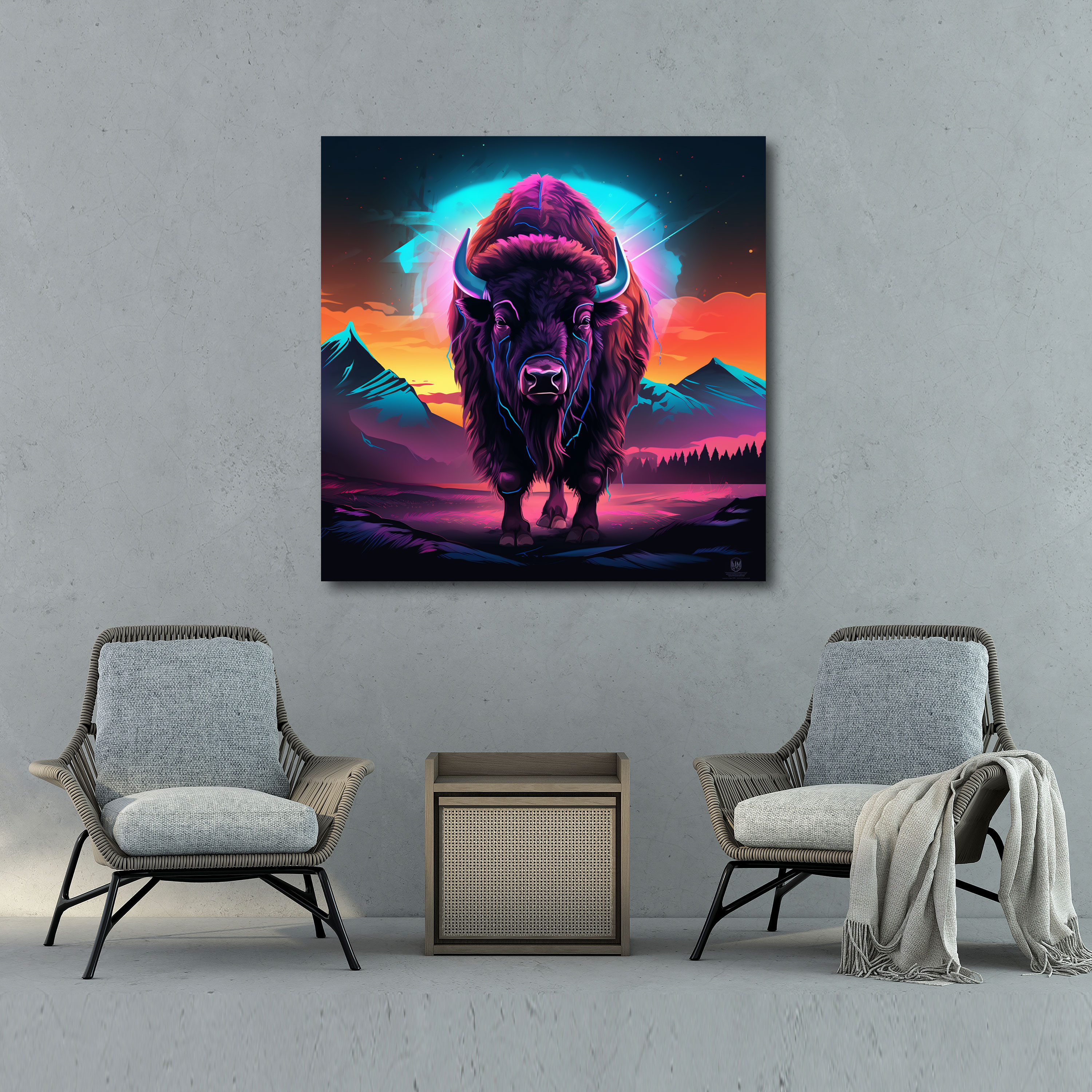 Buffalo Duvar Dekorasyonu - Dijital Sanat Kanvas Tablo - Büyükbaş Hayvan Yaratıcılık Kanvas Neon Manzara