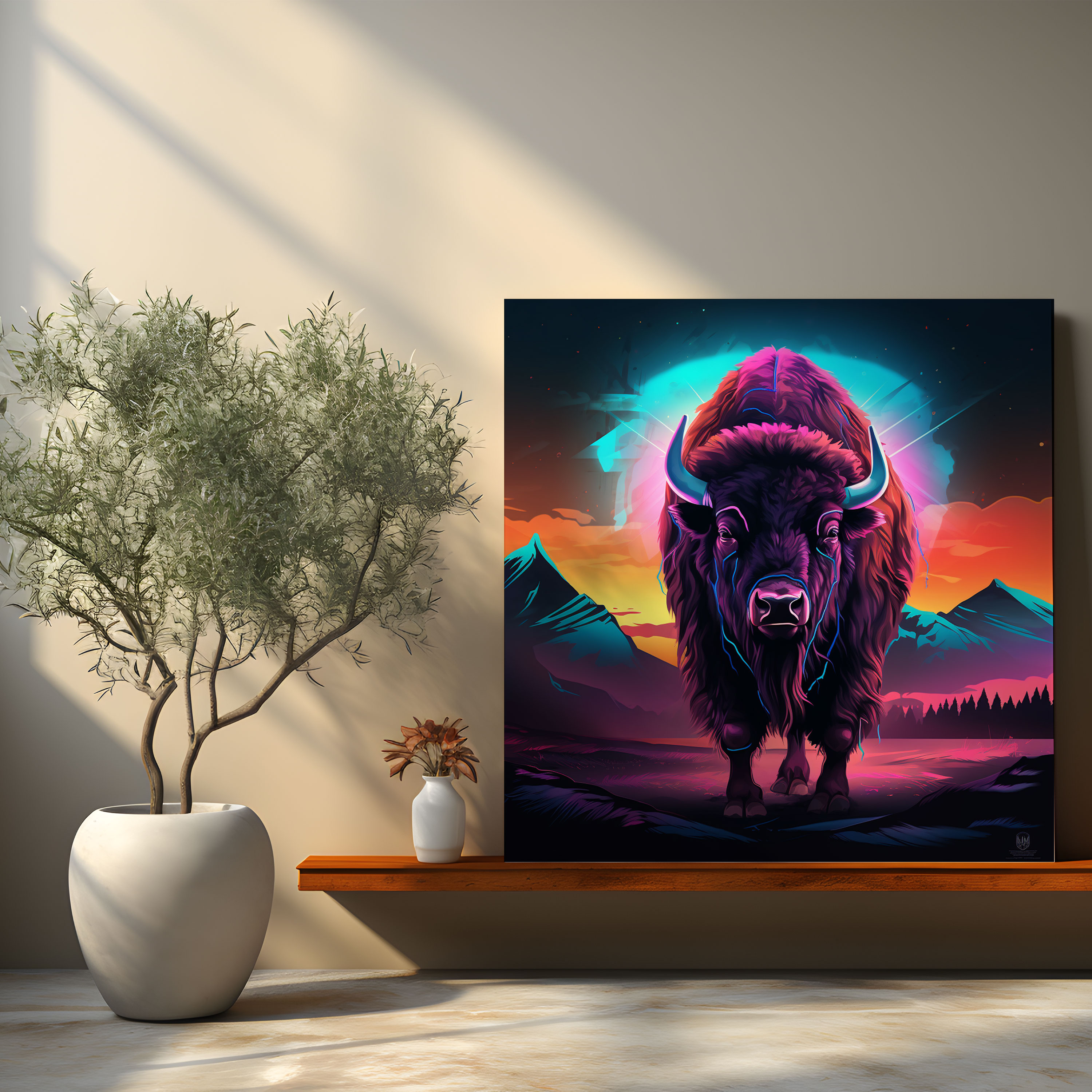 Buffalo Duvar Dekorasyonu - Dijital Sanat Kanvas Tablo - Büyükbaş Hayvan Yaratıcılık Kanvas Neon Manzara
