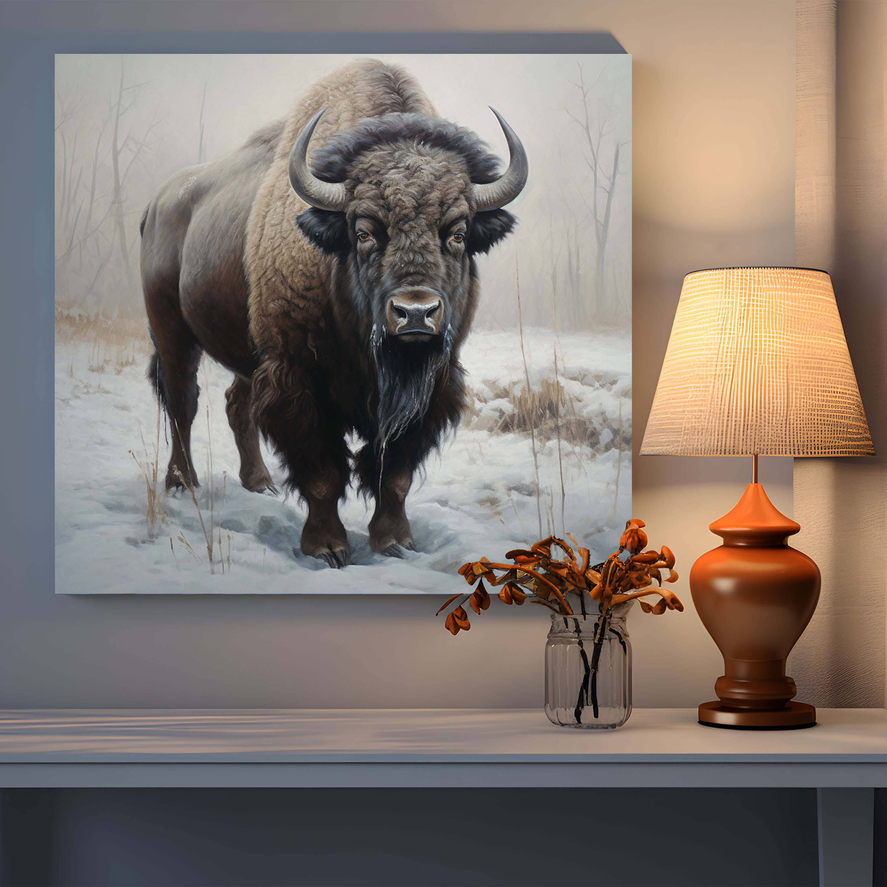 Snowy Buffalo Canvas Print - Realistic Oil Painting Wall Art - Buffalo, Tranquility, Canvas, Winter