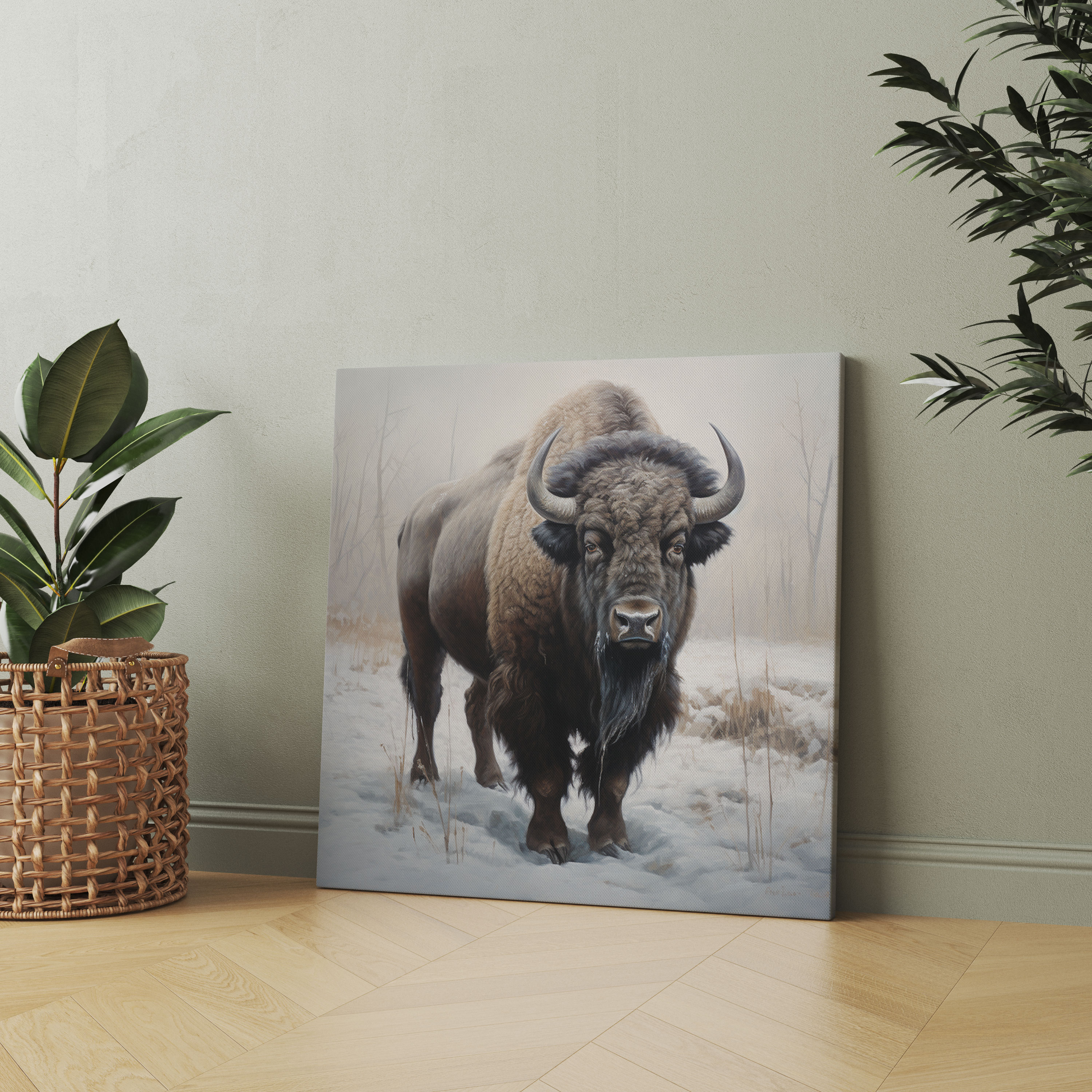 Snowy Buffalo Canvas Print - Realistic Oil Painting Wall Art - Buffalo, Tranquility, Canvas, Winter