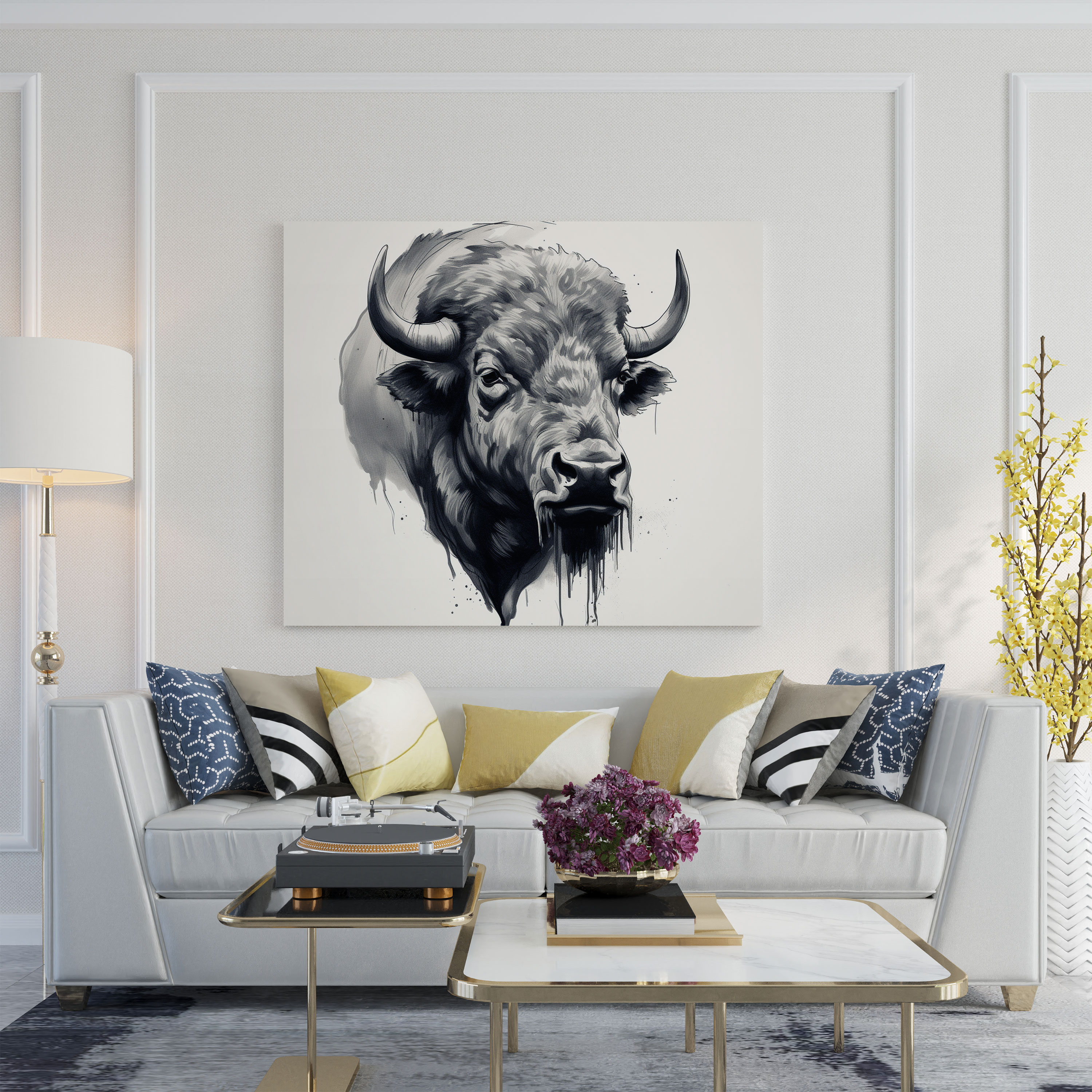 Buffalo Wall Decoration - Minimalist Black And White Canvas Print - Buffalo, Wall Decoration, Side Profile, Home Decoration