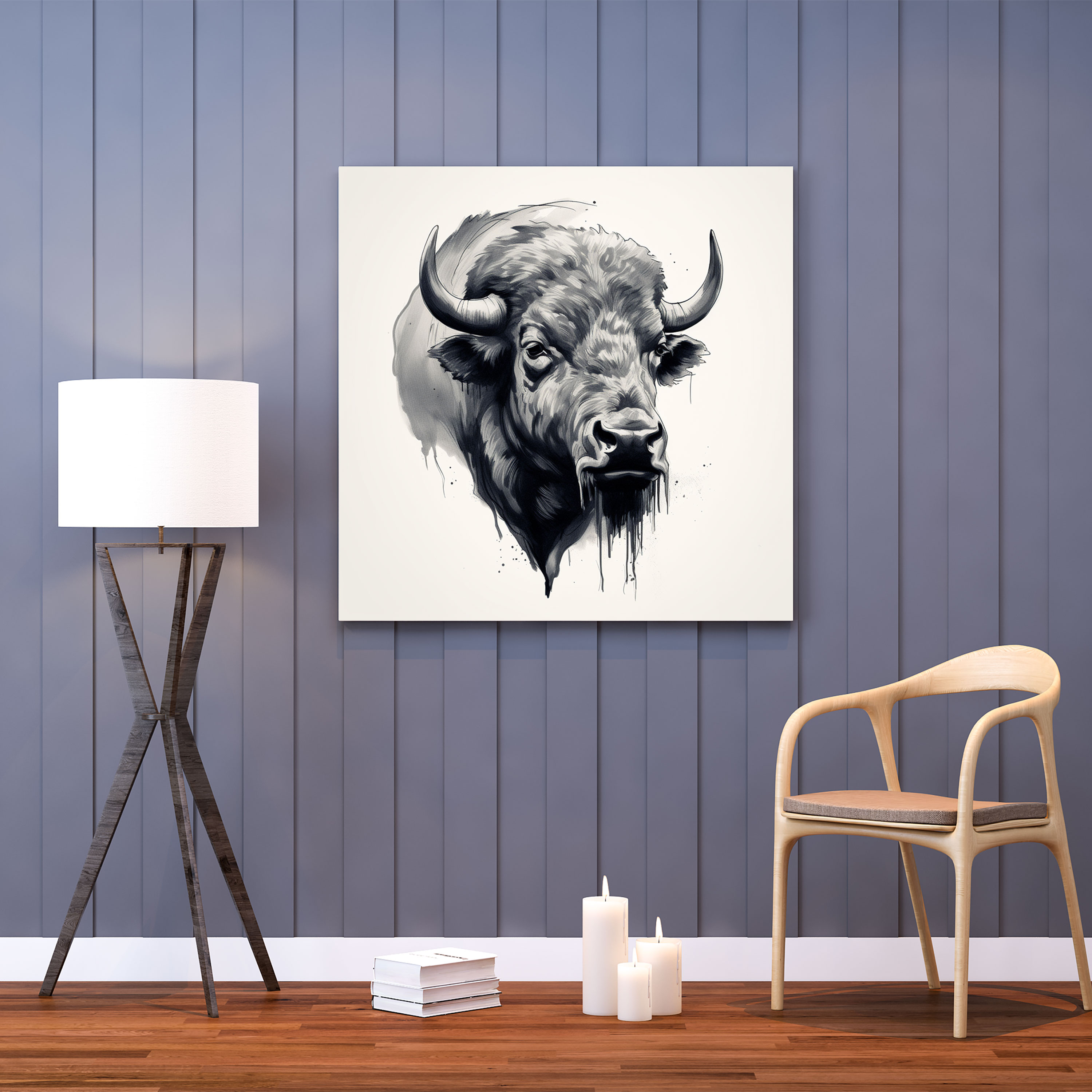 Buffalo Wall Decoration - Minimalist Black And White Canvas Print - Buffalo, Wall Decoration, Side Profile, Home Decoration
