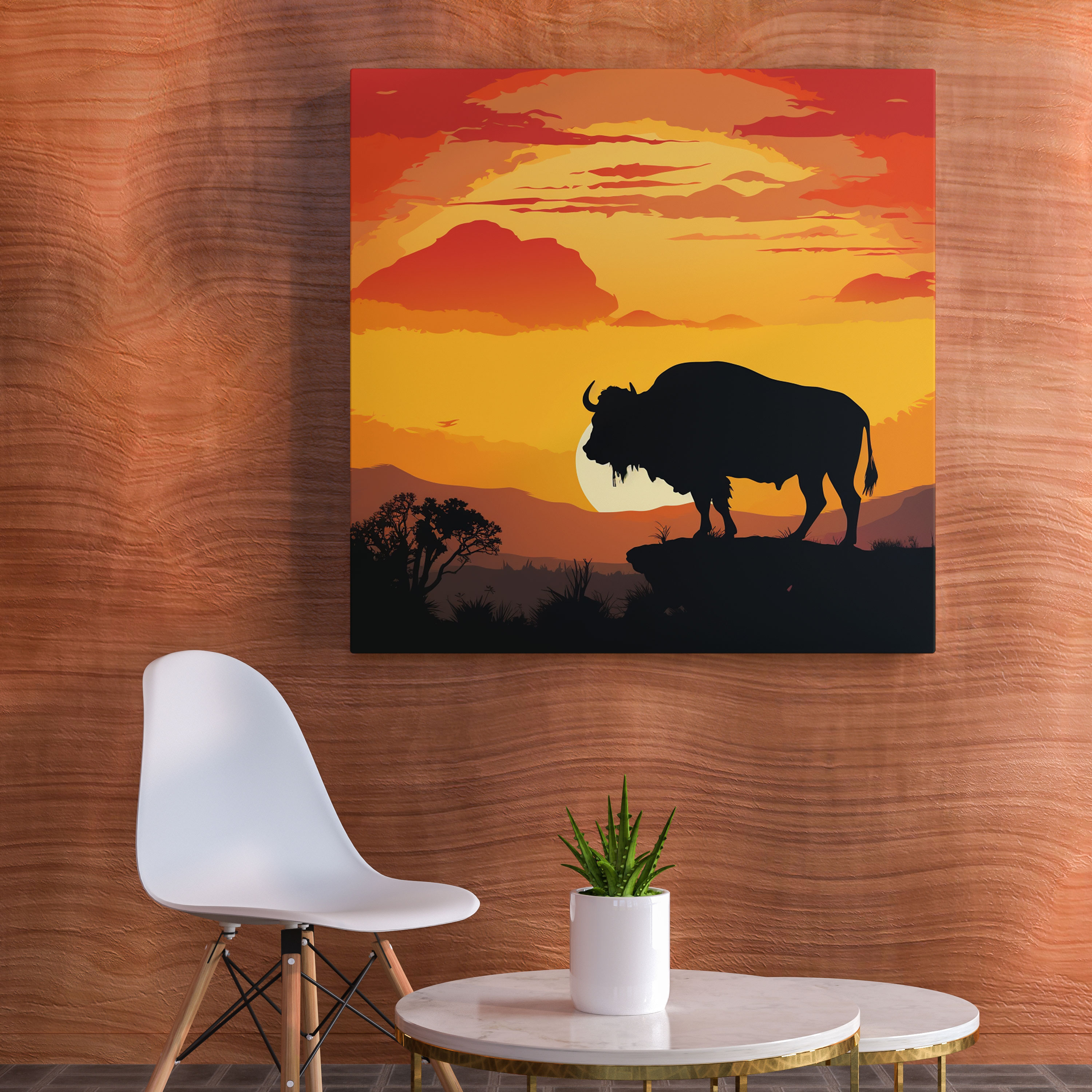 Buffalo Wall Art - Minimalist Sunset Silhouette - Buffalo, Canvas Wall Art, Sunset, Wall Decoration