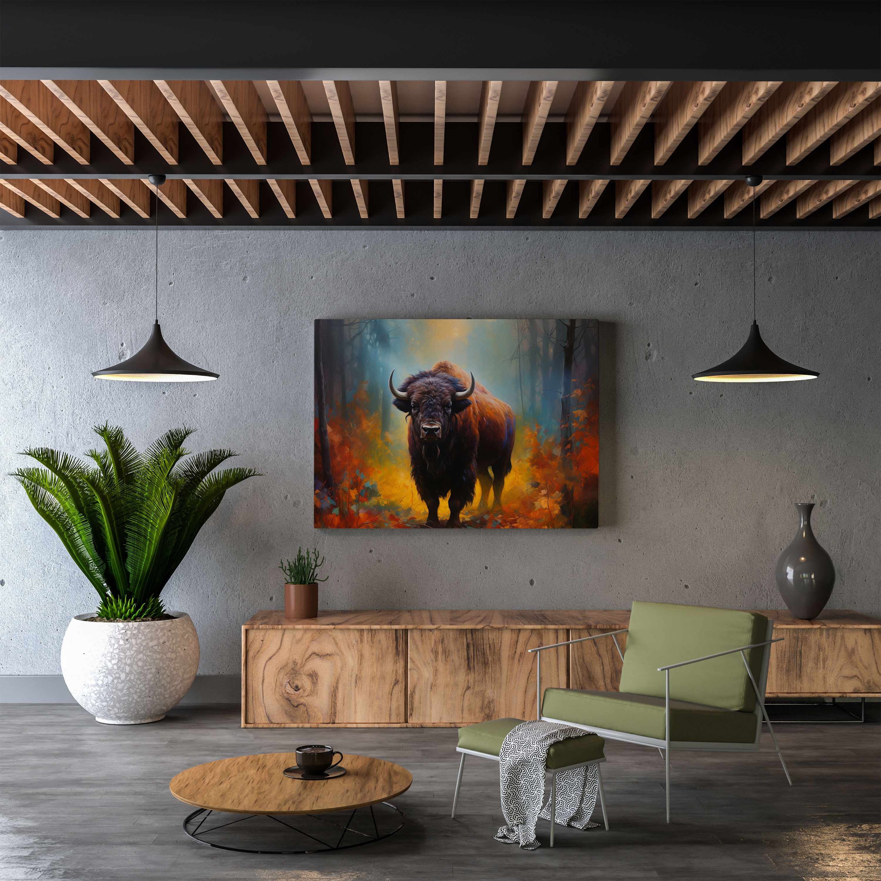 Misty Forest Buffalo Canvas Print - Buffalo, Misty Forest, Vivid Colors, Mystery