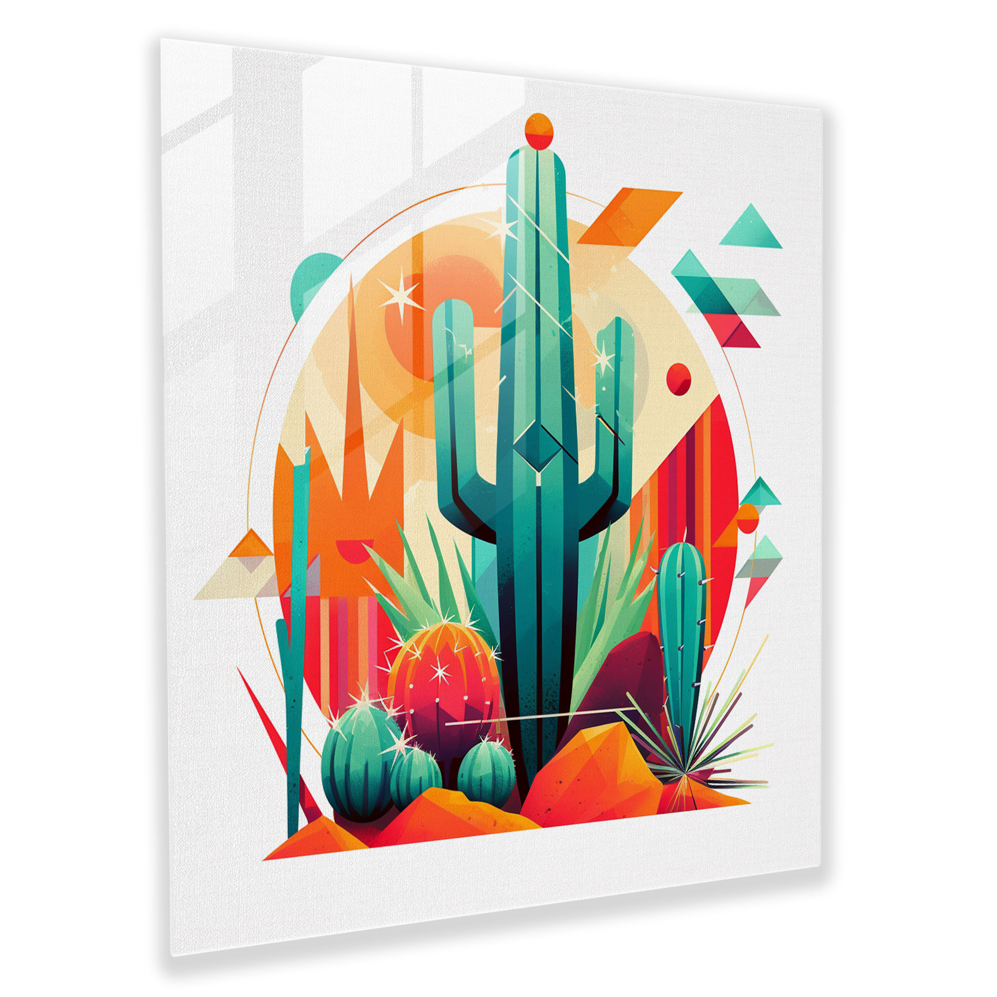 Modern Geometric Cactus Glass Print - Cactus, Glass Art, Wall Decoration, Vibrant Colors
