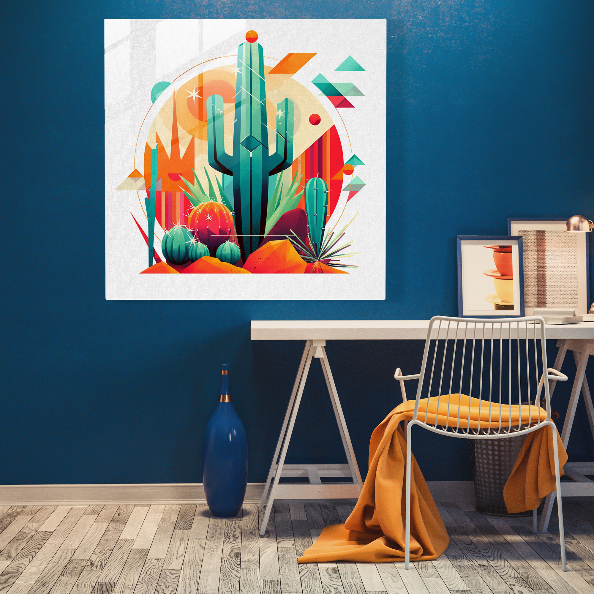 Modern Geometric Cactus Glass Print - Cactus, Glass Art, Wall Decoration, Vibrant Colors