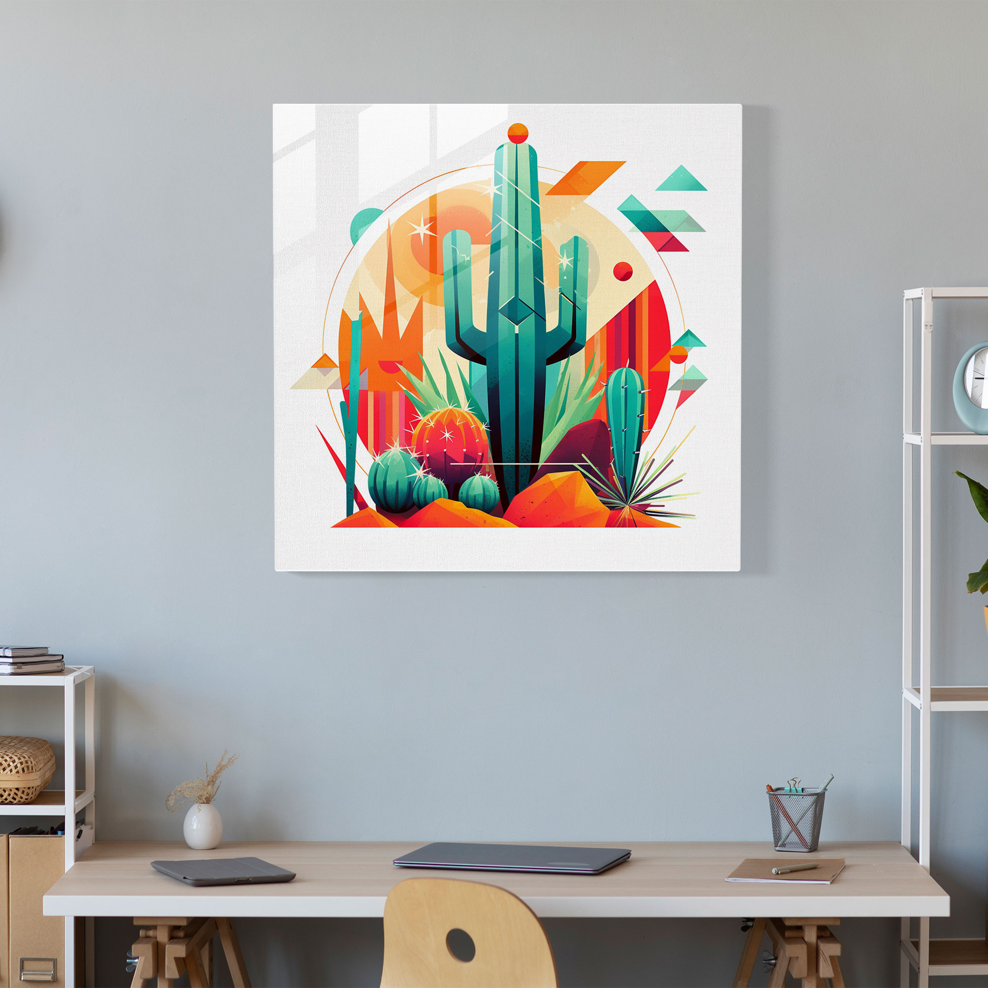 Modern Geometric Cactus Glass Print - Cactus, Glass Art, Wall Decoration, Vibrant Colors