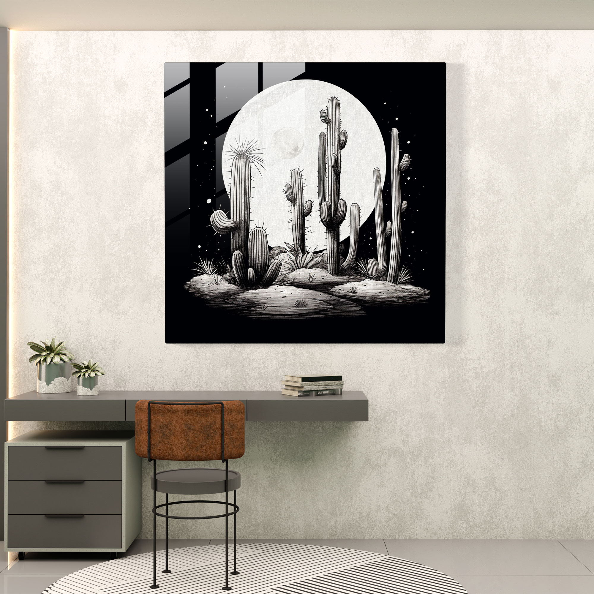 Minimalist Moonlit Cactus Glass Print - Cactus, Home Decoration, Glass Print, Peace