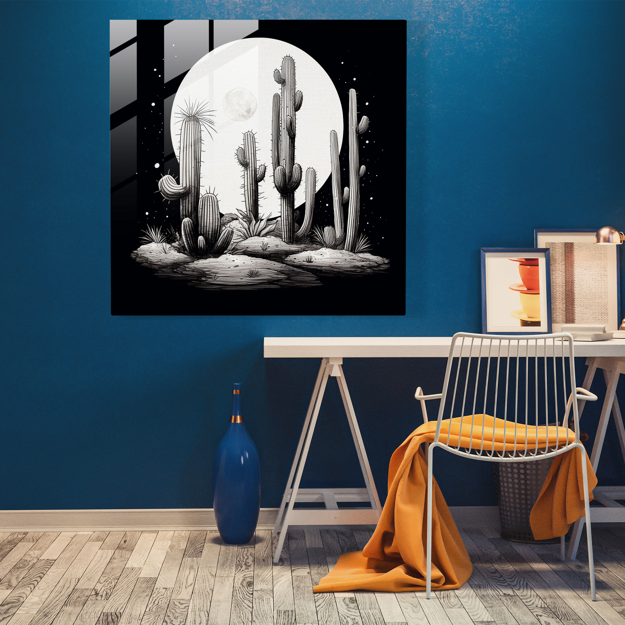 Minimalist Moonlit Cactus Glass Print - Cactus, Home Decoration, Glass Print, Peace