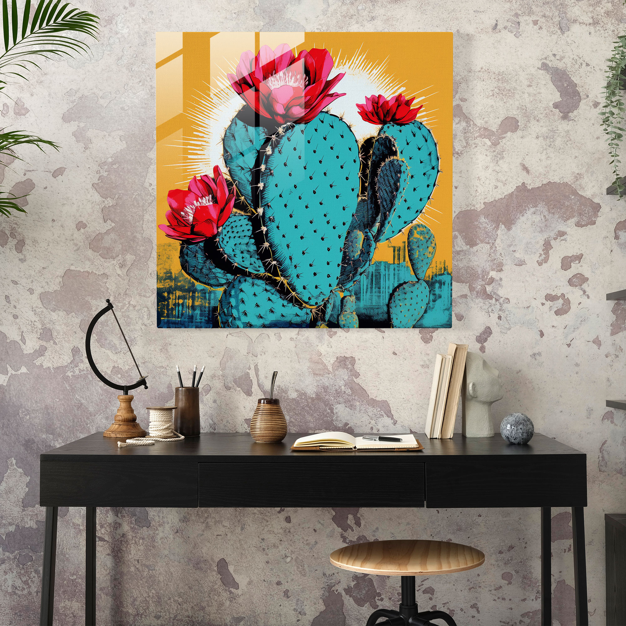 Pop Art Cactus Glass Print - Cactus, Fun Vibe, Bold Colors, Glass Art