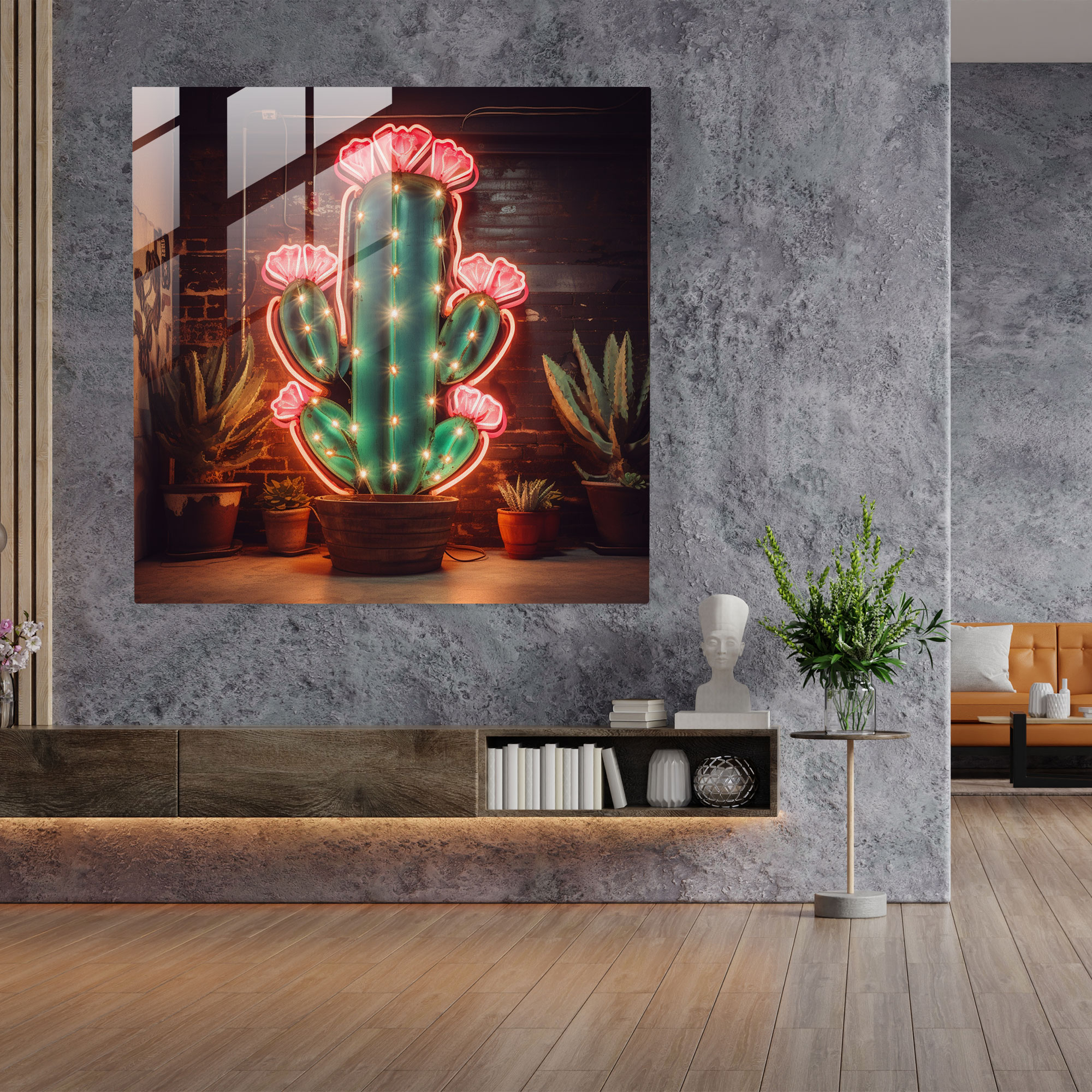 Retro Neon Cactus Glass Print - Cactus, Home Decoration, Timeless Appeal, Glass Print