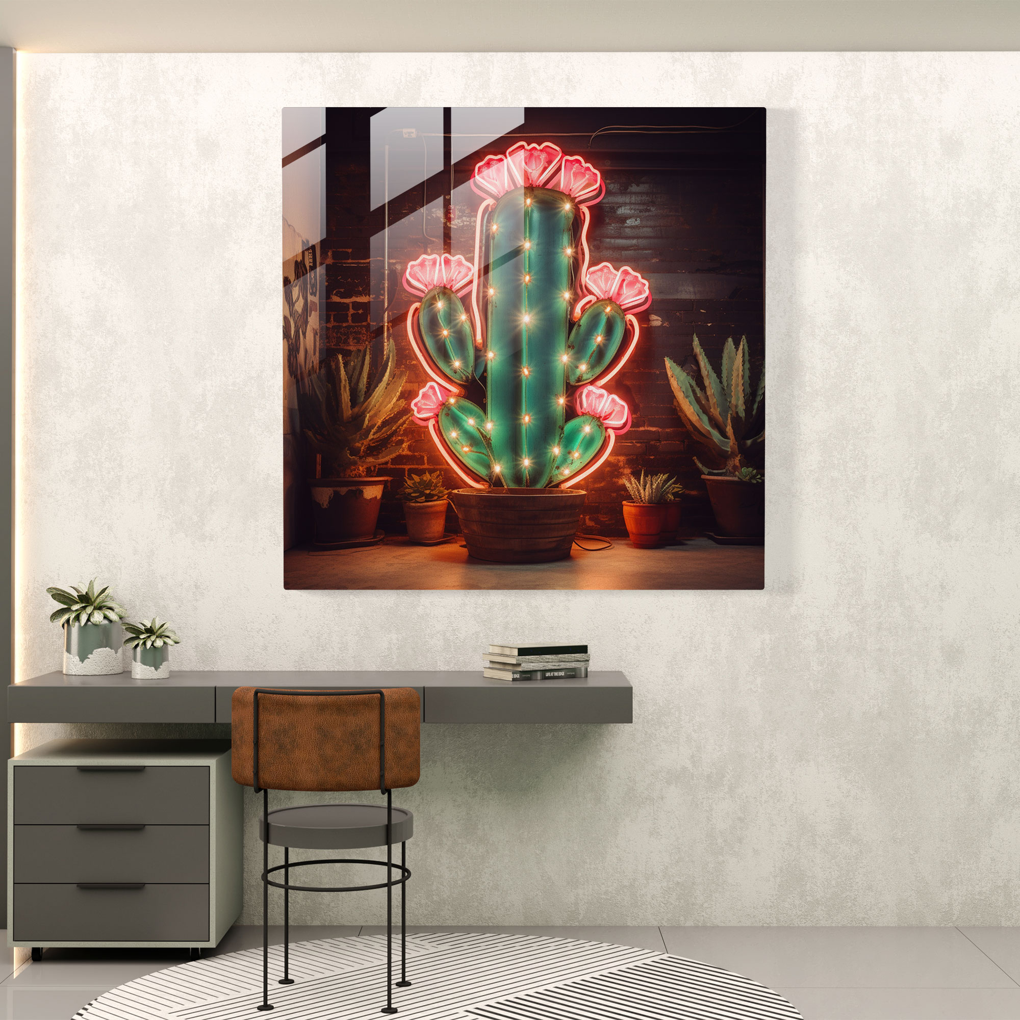 Retro Neon Cactus Glass Print - Cactus, Home Decoration, Timeless Appeal, Glass Print