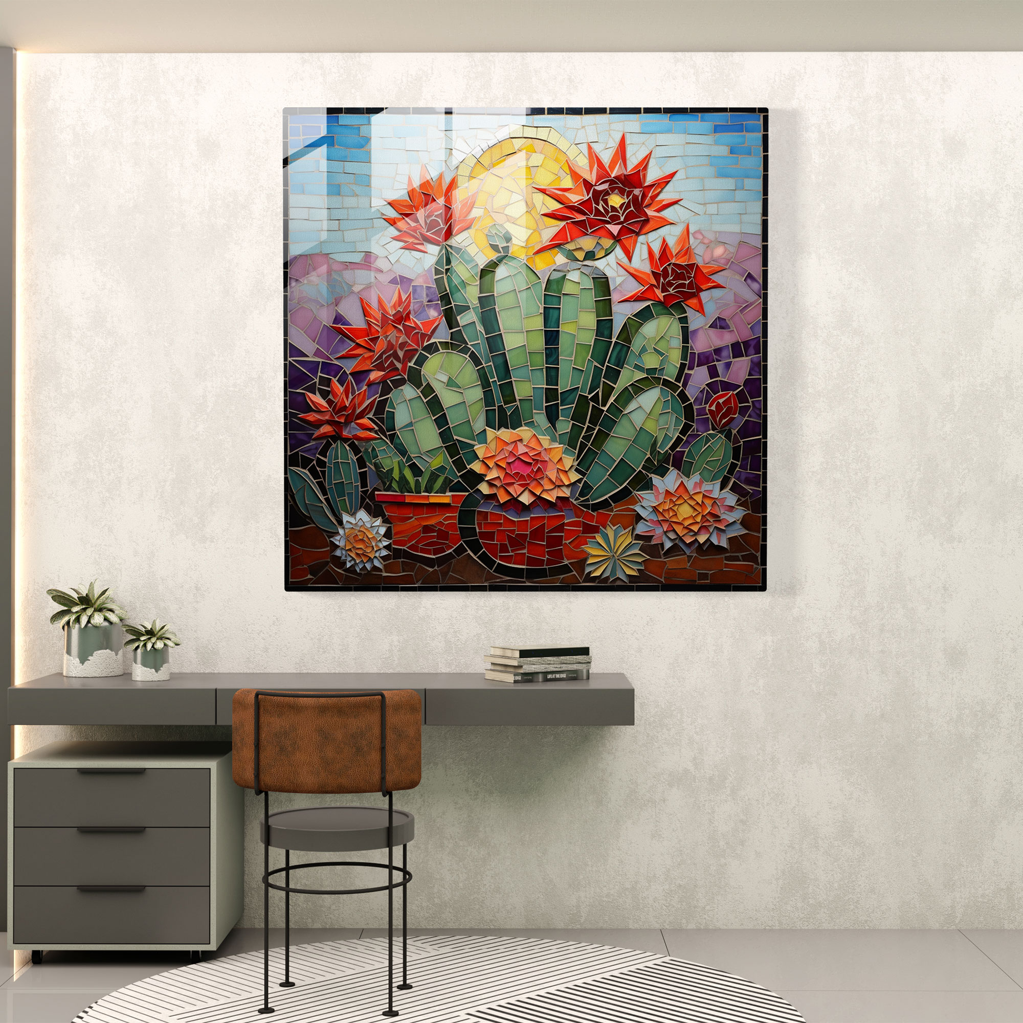 Colorful Glass Mosaic Cactus Glass Print - Cactus, Glass Art, Mosaic Artwork, Traditional Craftsmanship