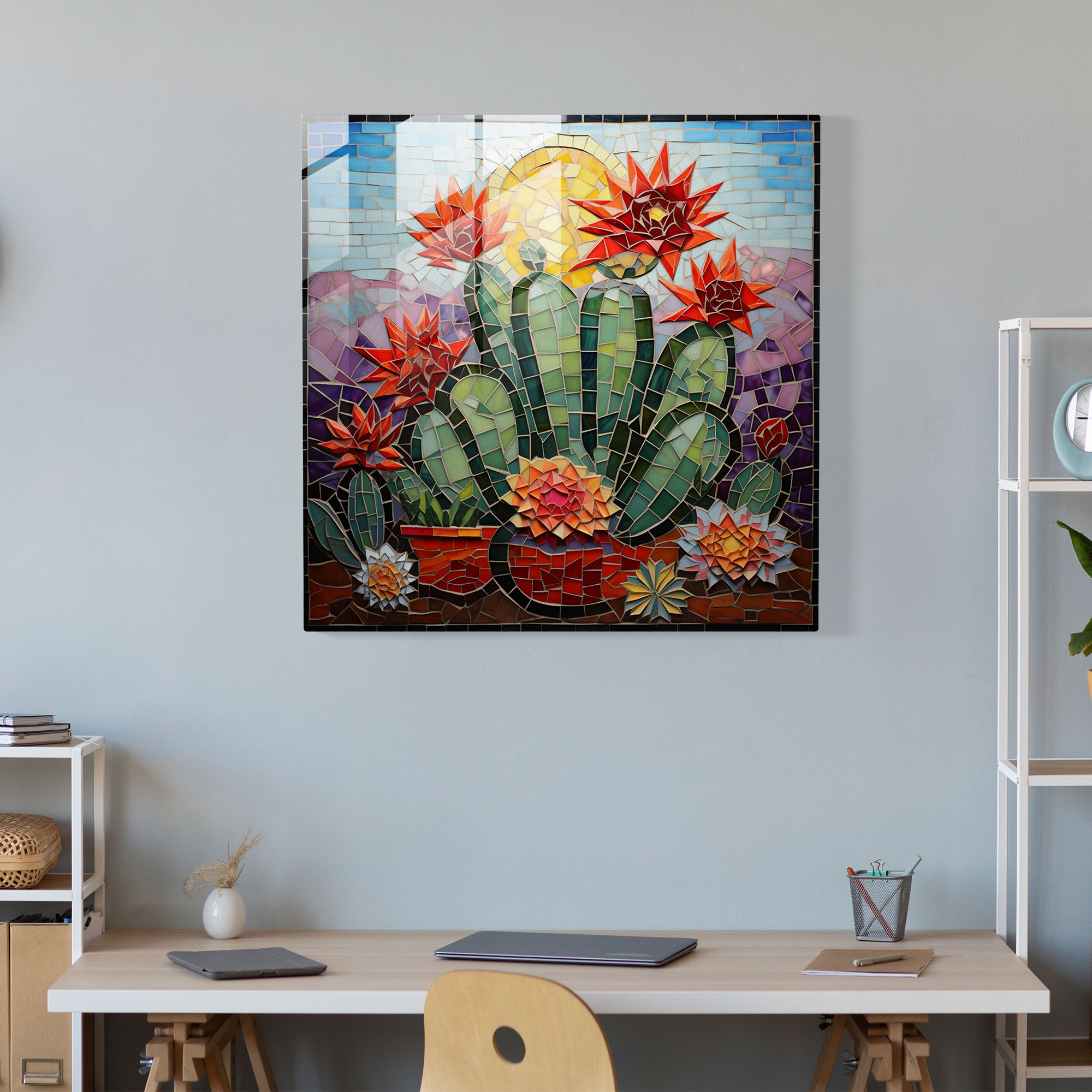 Colorful Glass Mosaic Cactus Glass Print - Cactus, Glass Art, Mosaic Artwork, Traditional Craftsmanship