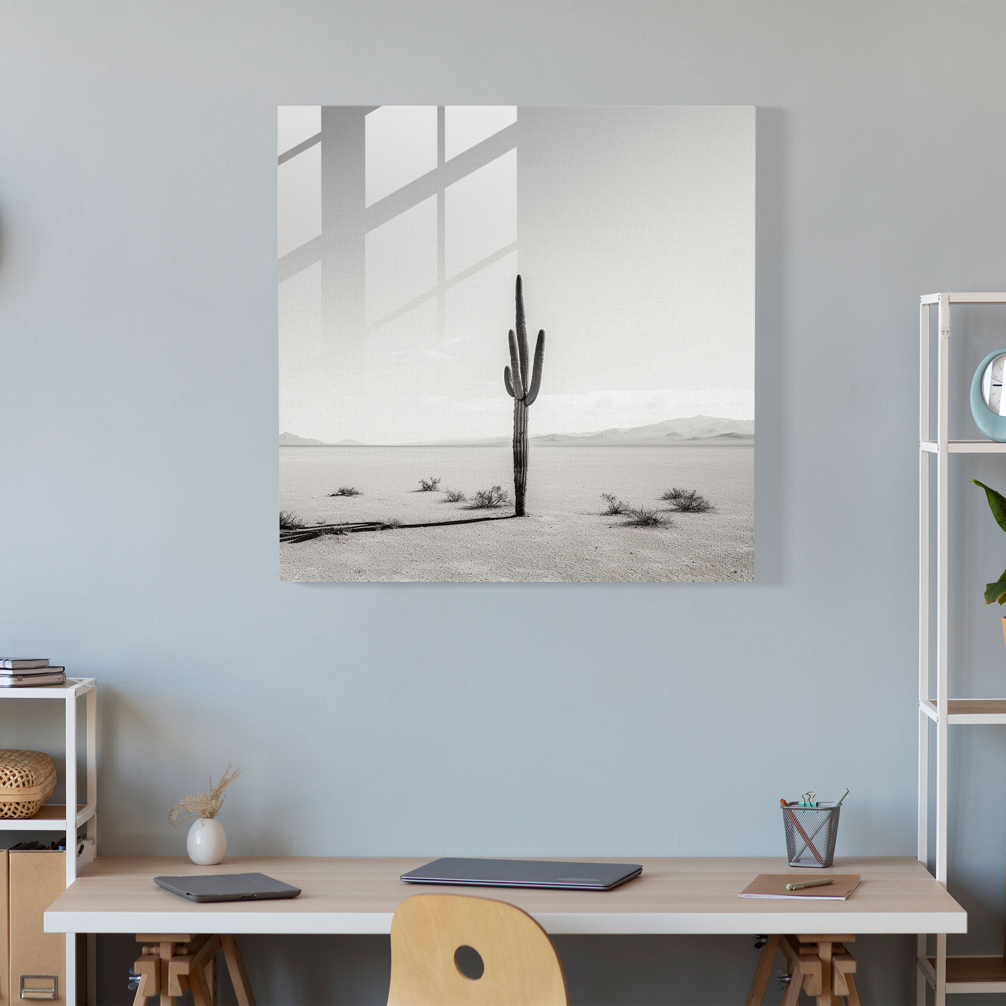Cactus Landscape Black And White Glass Print - Cactus, Home Decoration, Cactus, Glass Wall Art