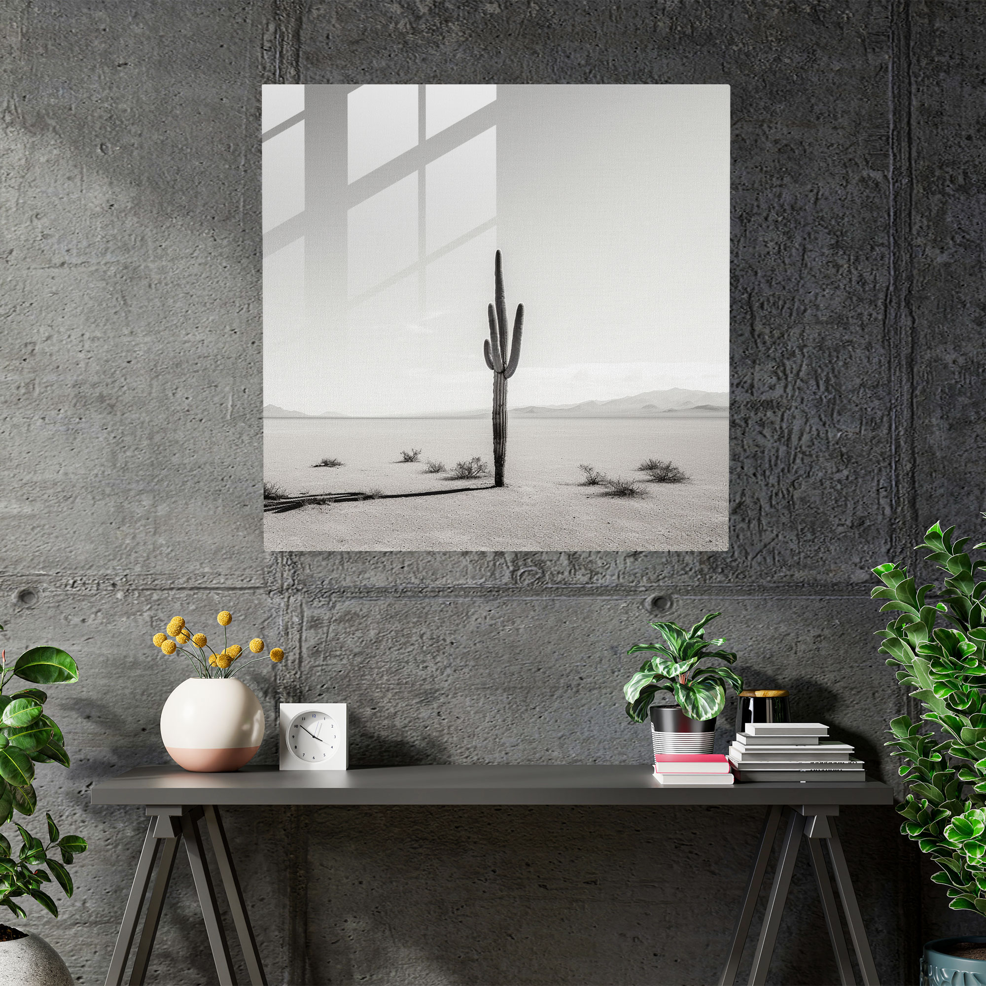 Cactus Landscape Black And White Glass Print - Cactus, Home Decoration, Cactus, Glass Wall Art