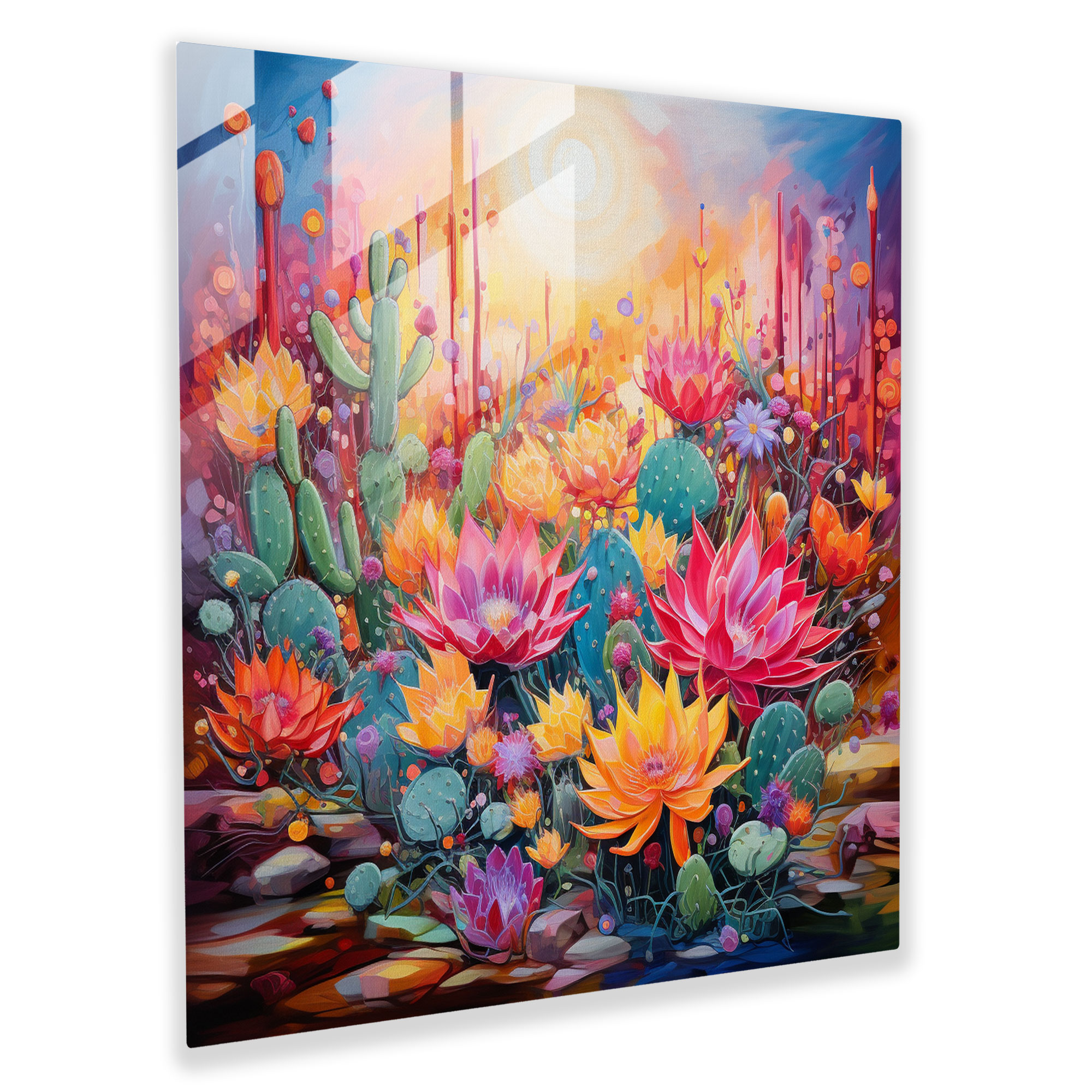 Colorful Cactus Abstract Glass Wall Art - Cactus, Abstract Painting, Cactus, Vibrant Colors