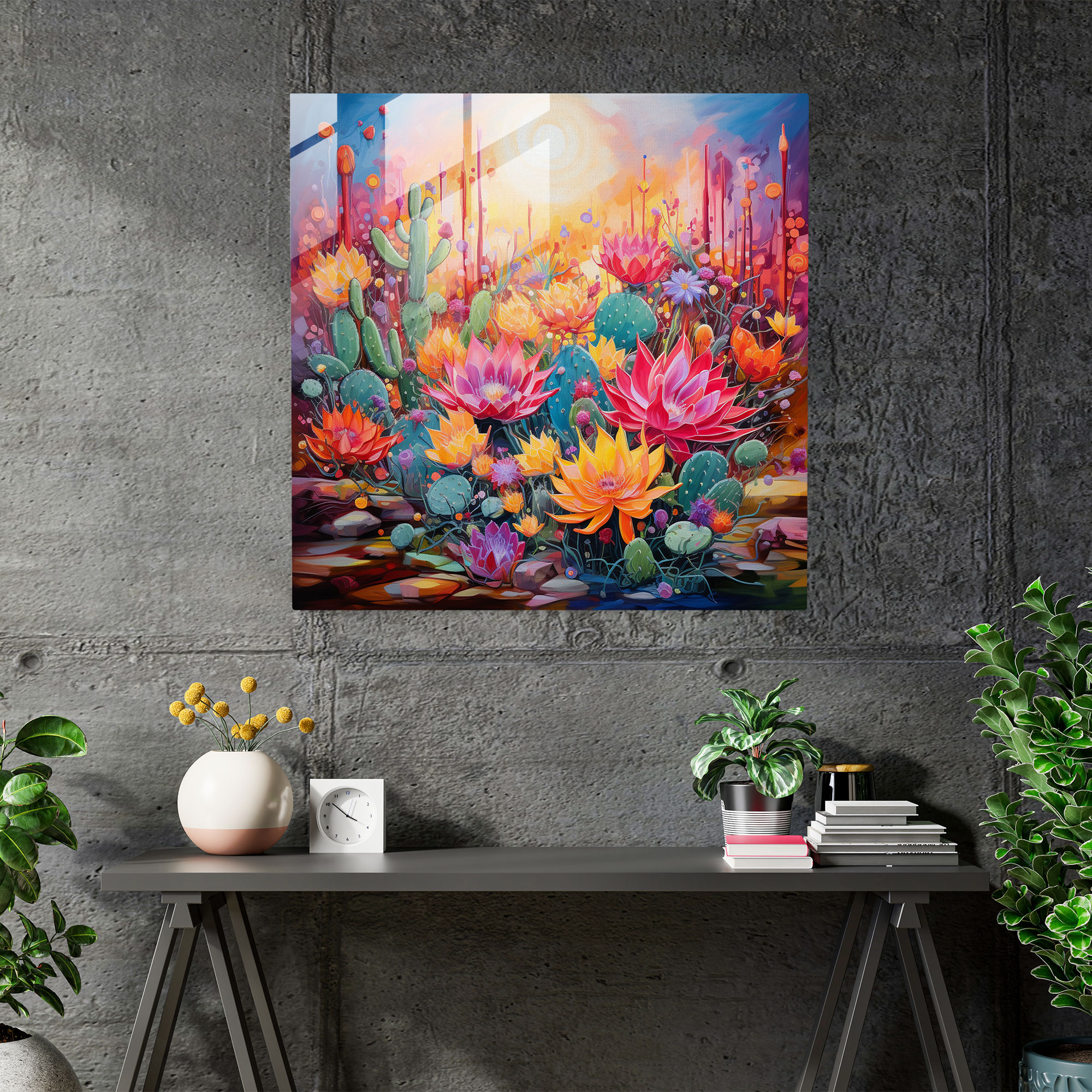 Colorful Cactus Abstract Glass Wall Art - Cactus, Abstract Painting, Cactus, Vibrant Colors