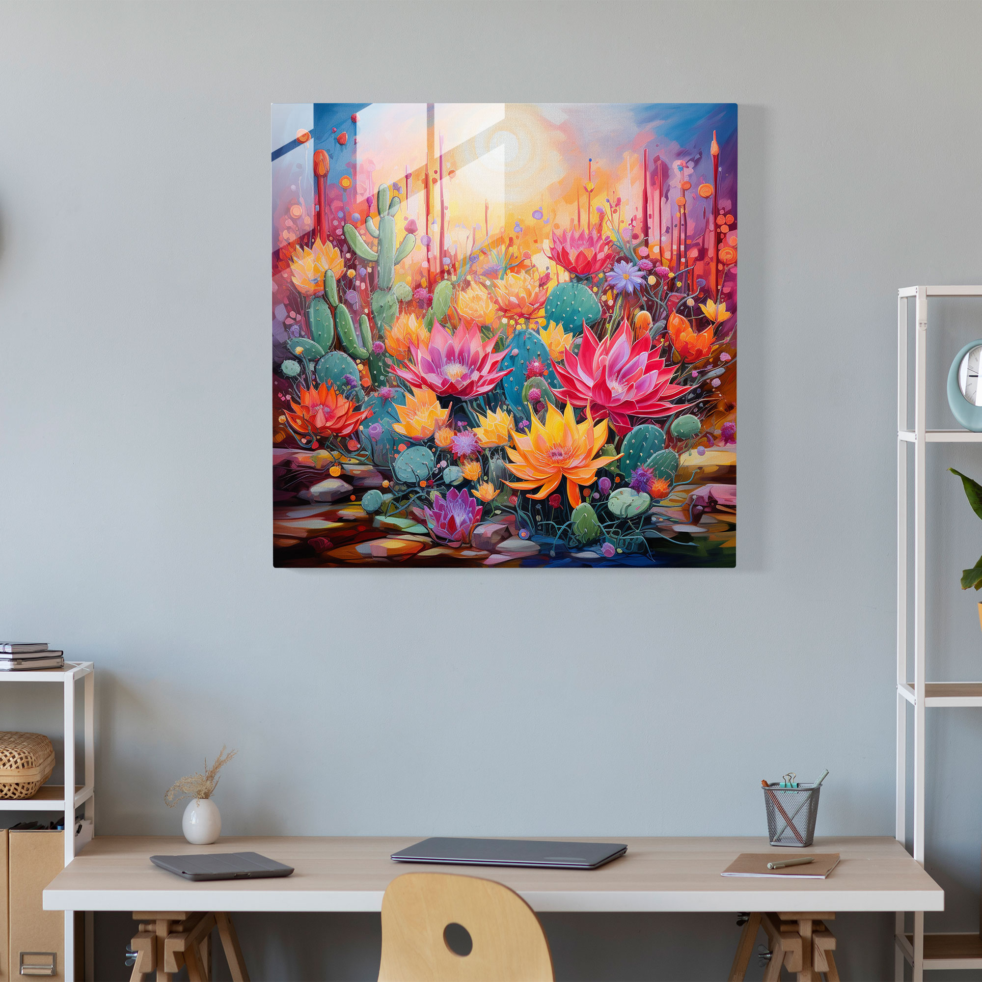 Colorful Cactus Abstract Glass Wall Art - Cactus, Abstract Painting, Cactus, Vibrant Colors
