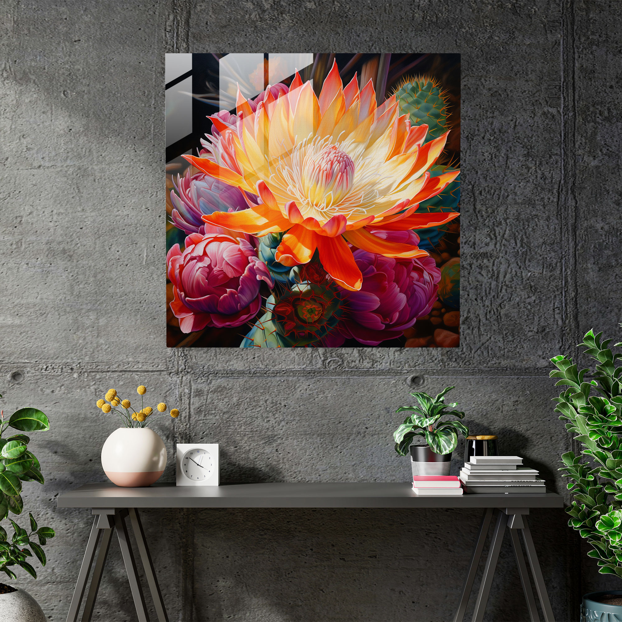 Blooming Cactus Realistic Glass Wall Art - Cactus, Glass Wall Art, Cactus, Modern Art