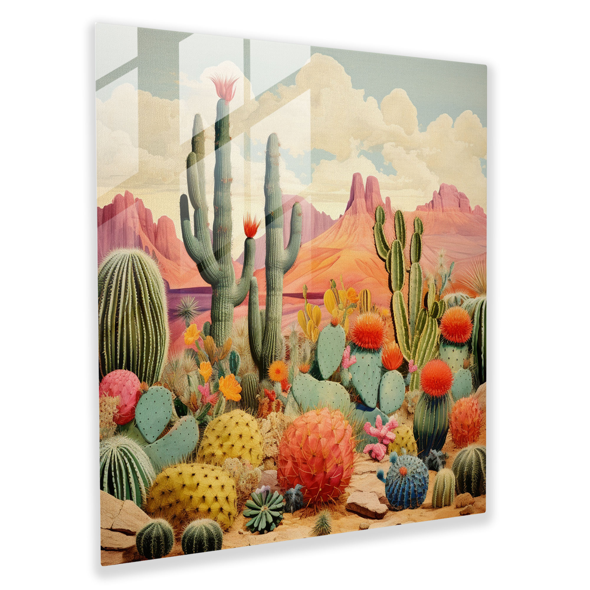 Whimsical Cactus Collage Glass Wall Art - Cactus, Modern Art, Collage Art, Glass Wall Art