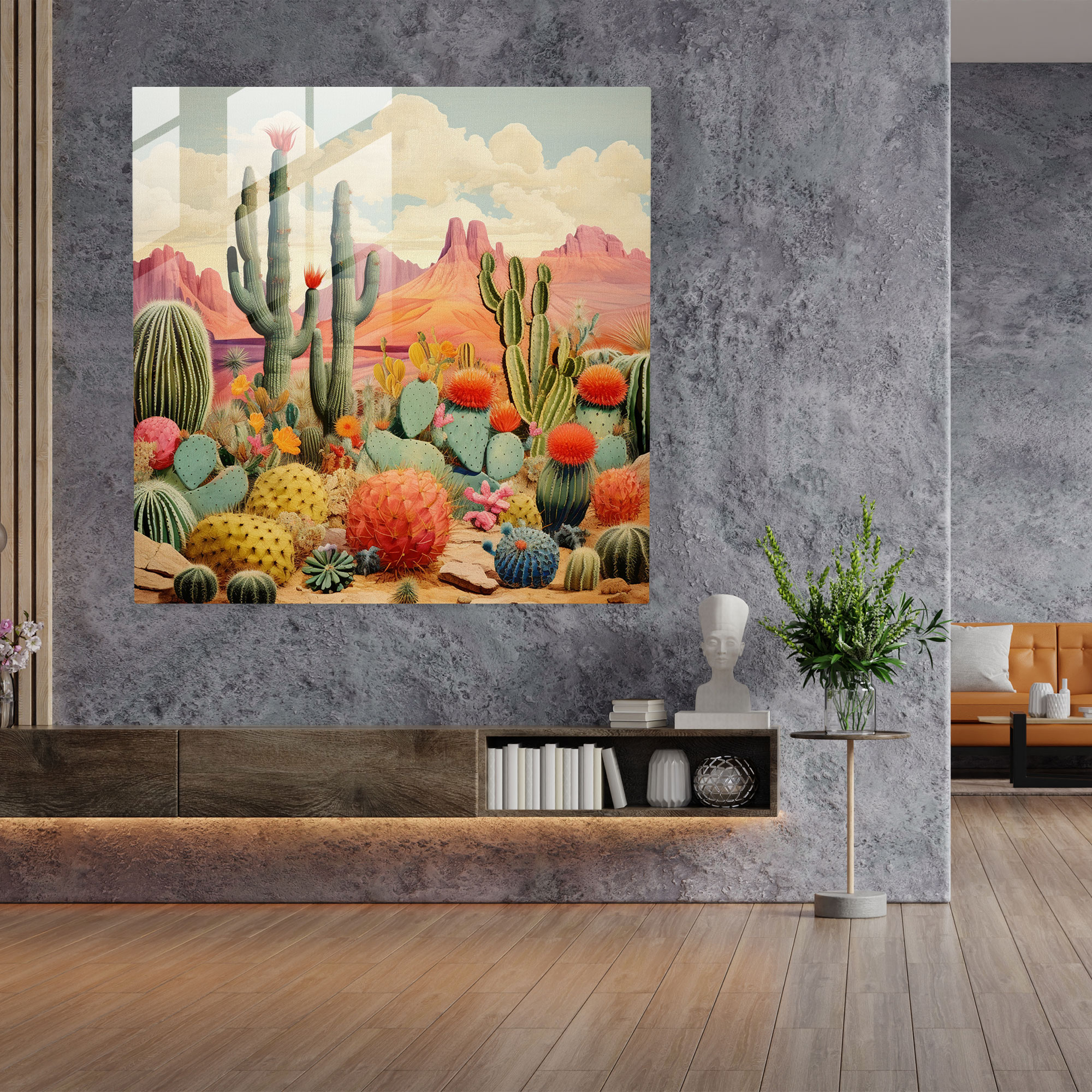 Whimsical Cactus Collage Glass Wall Art - Cactus, Modern Art, Collage Art, Glass Wall Art
