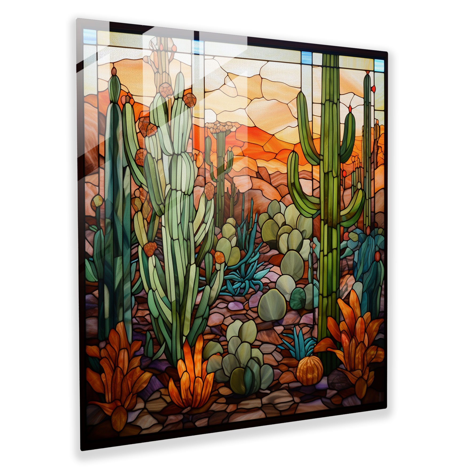 Stained Glass Cactus Mosaic Glass Wall Art - Cactus, Modern Art, Mosaic Art, Glass Print