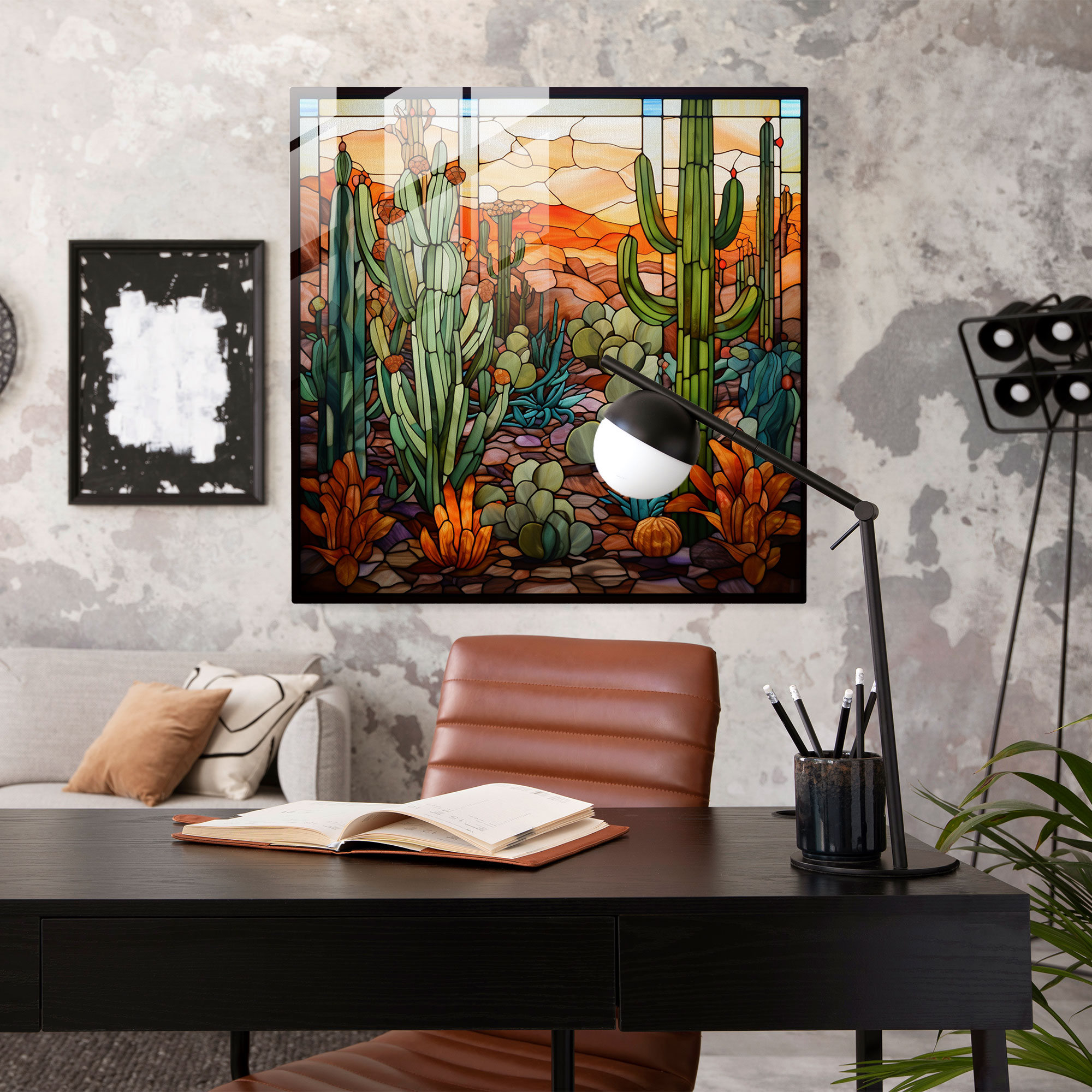 Stained Glass Cactus Mosaic Glass Wall Art - Cactus, Modern Art, Mosaic Art, Glass Print