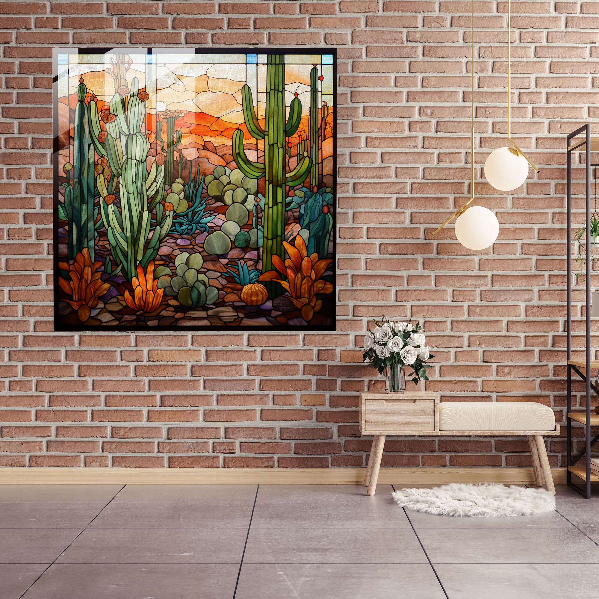 Stained Glass Cactus Mosaic Glass Wall Art - Cactus, Modern Art, Mosaic Art, Glass Print
