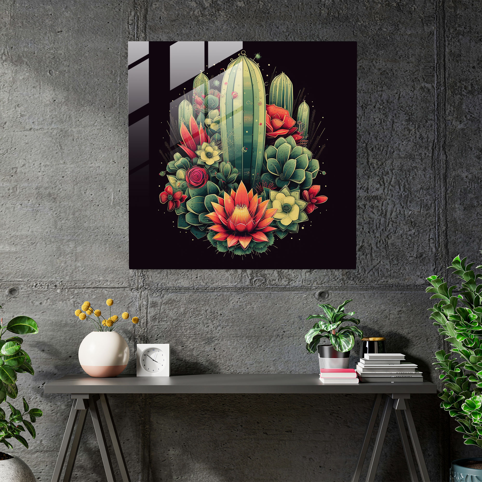 Geometric Cactus Symmetry Glass Wall Art - Cactus, Home Decoration, Glass Art, Modern Art
