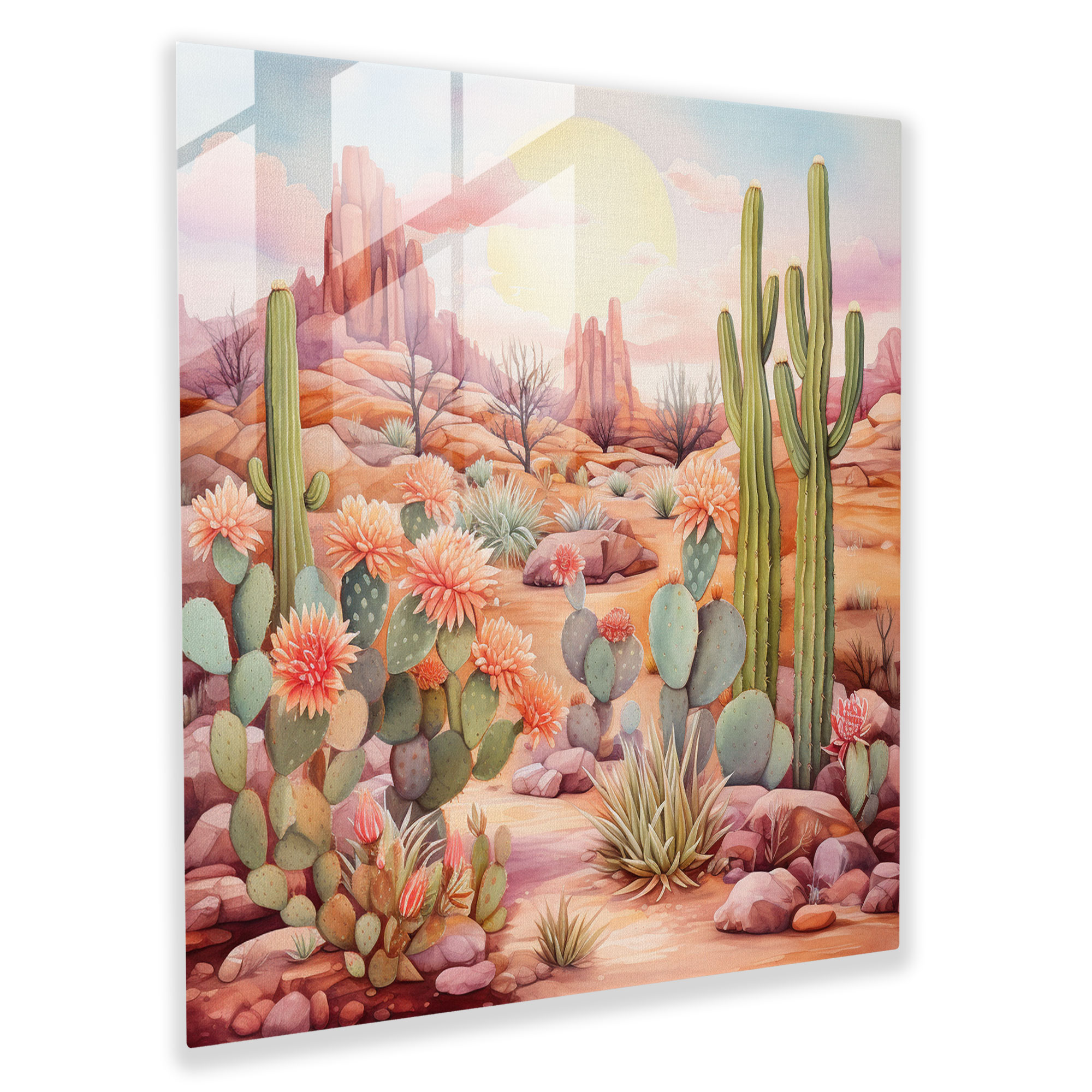 Whimsical Cactus Watercolor Glass Wall Art - Cactus, Glass Print, Modern Art, Watercolor Illustration