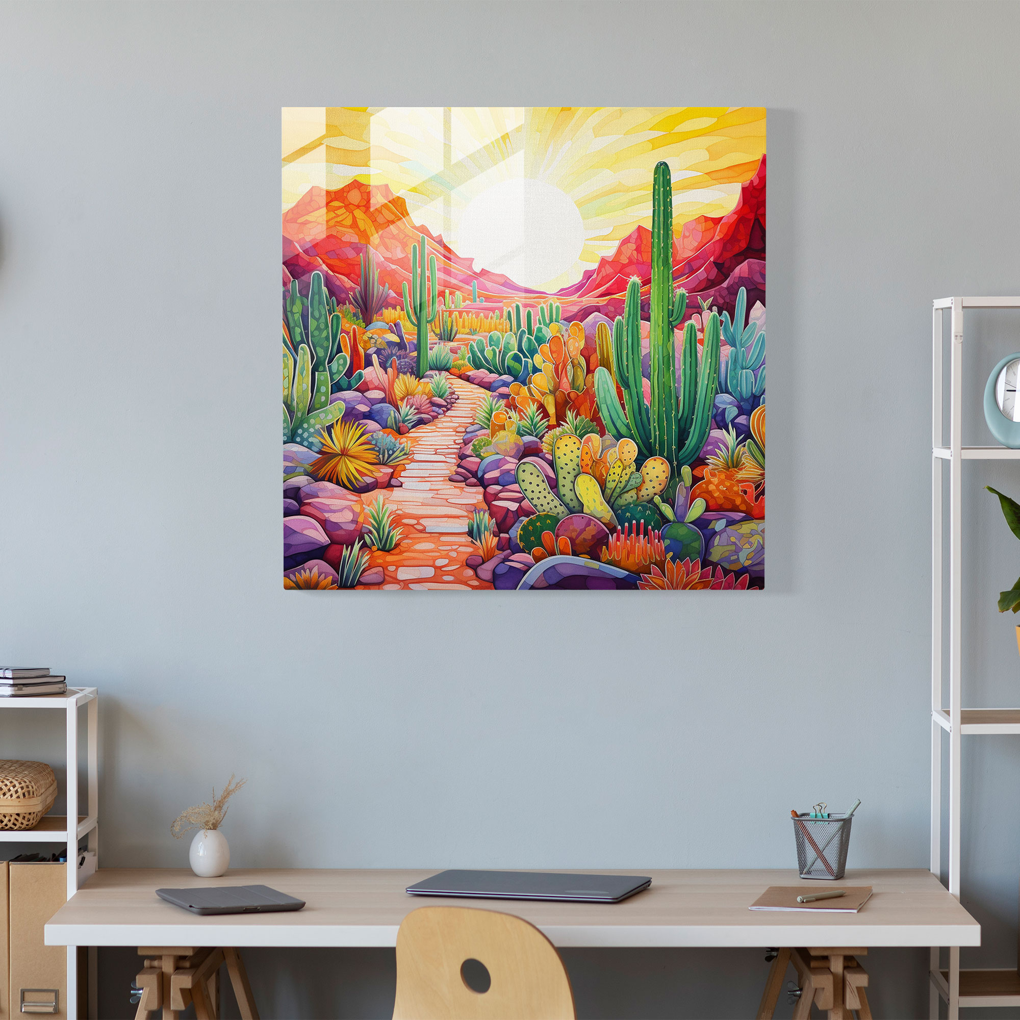 Vibrant Cactus Garden Glass Print - Cactus, Wall Decoration, Modern Art, Abstract Painting