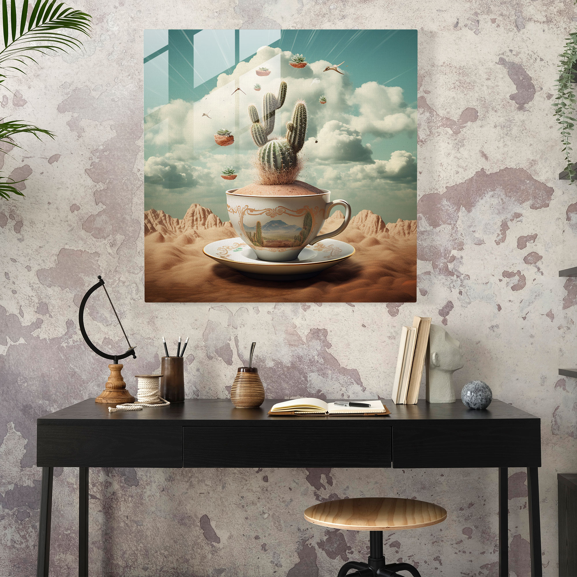 Teacup Cactus Glass Print - Cactus, Glass Art, Modern Art, Cactus