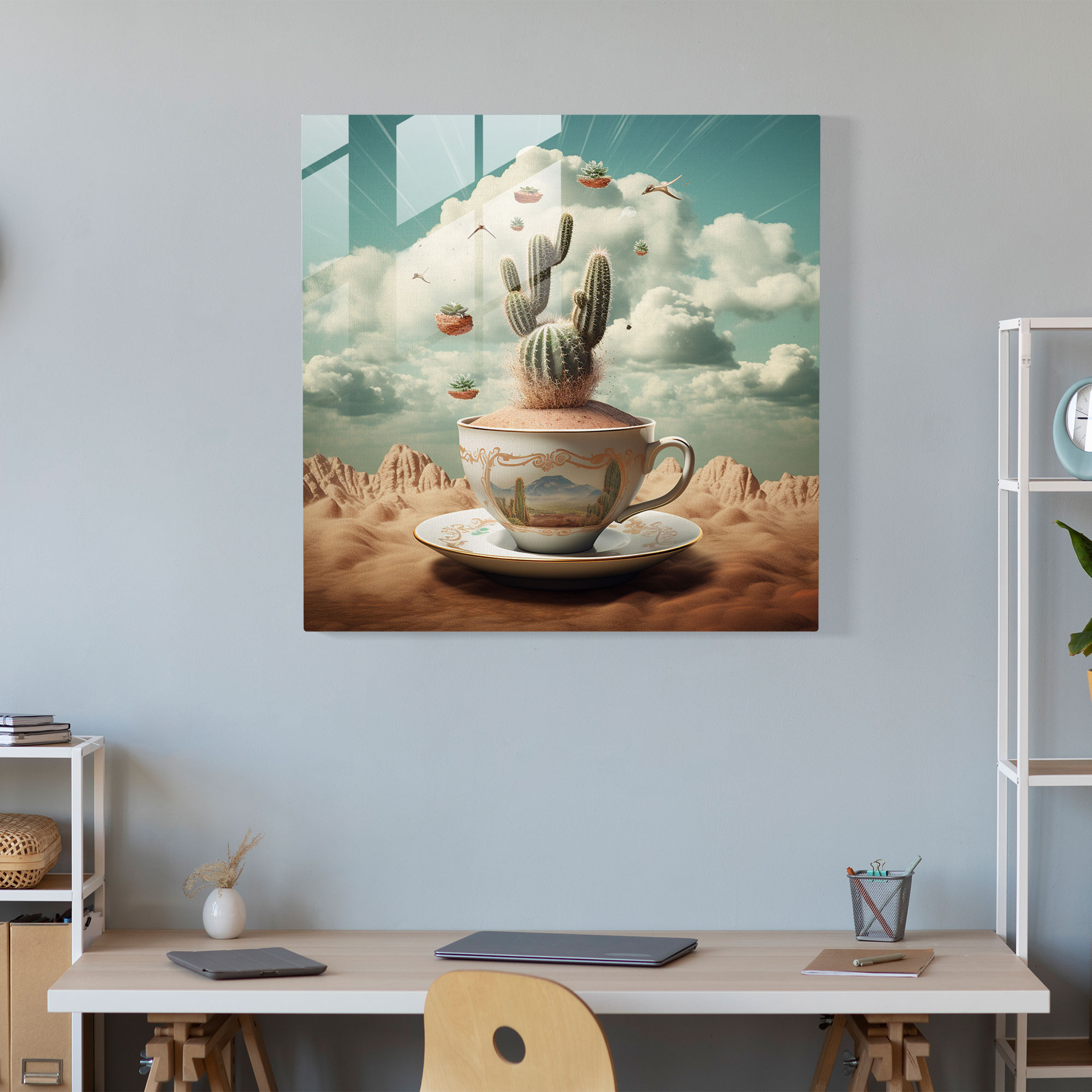 Teacup Cactus Glass Print - Cactus, Glass Art, Modern Art, Cactus
