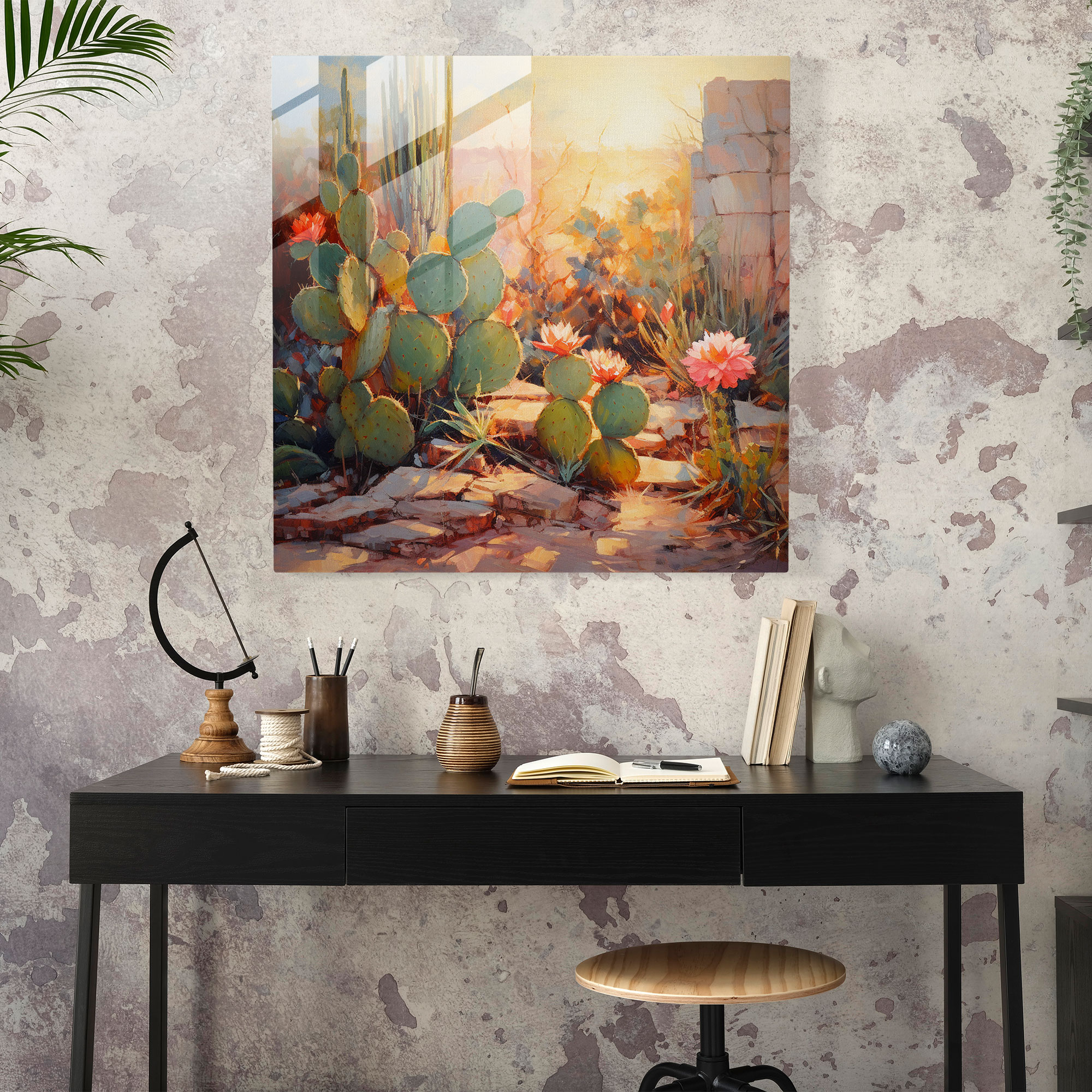 Sunlit Cactus Garden Glass Print - Cactus, Cactus, Warm Sunlight, Modern Art
